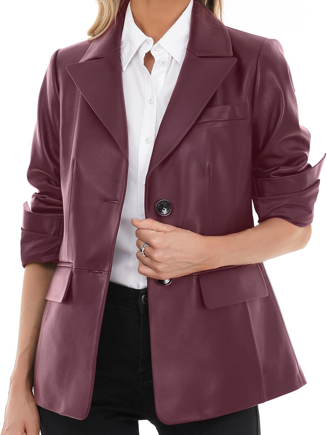 imageSILVER FASHIONS Lambskin Leather Jacket WomenLong Sleeve Button Front Leather BlazerNotched Lapel Casual StyleVent DetailBurgundy