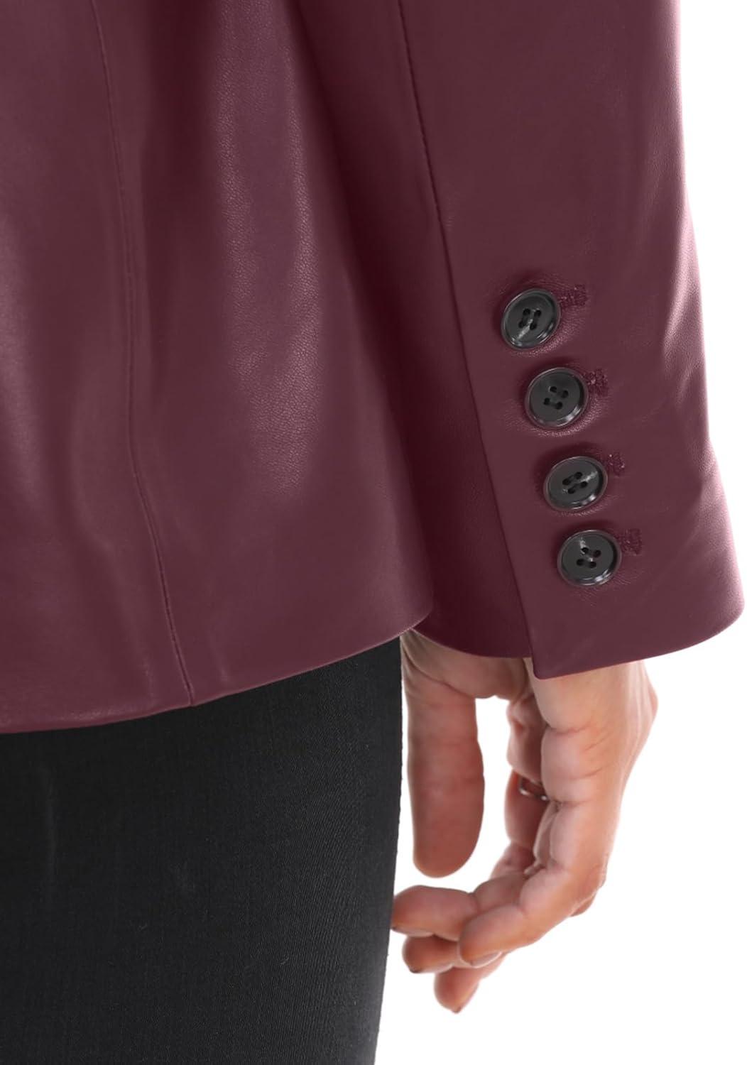 imageSILVER FASHIONS Lambskin Leather Jacket WomenLong Sleeve Button Front Leather BlazerNotched Lapel Casual StyleVent DetailBurgundy