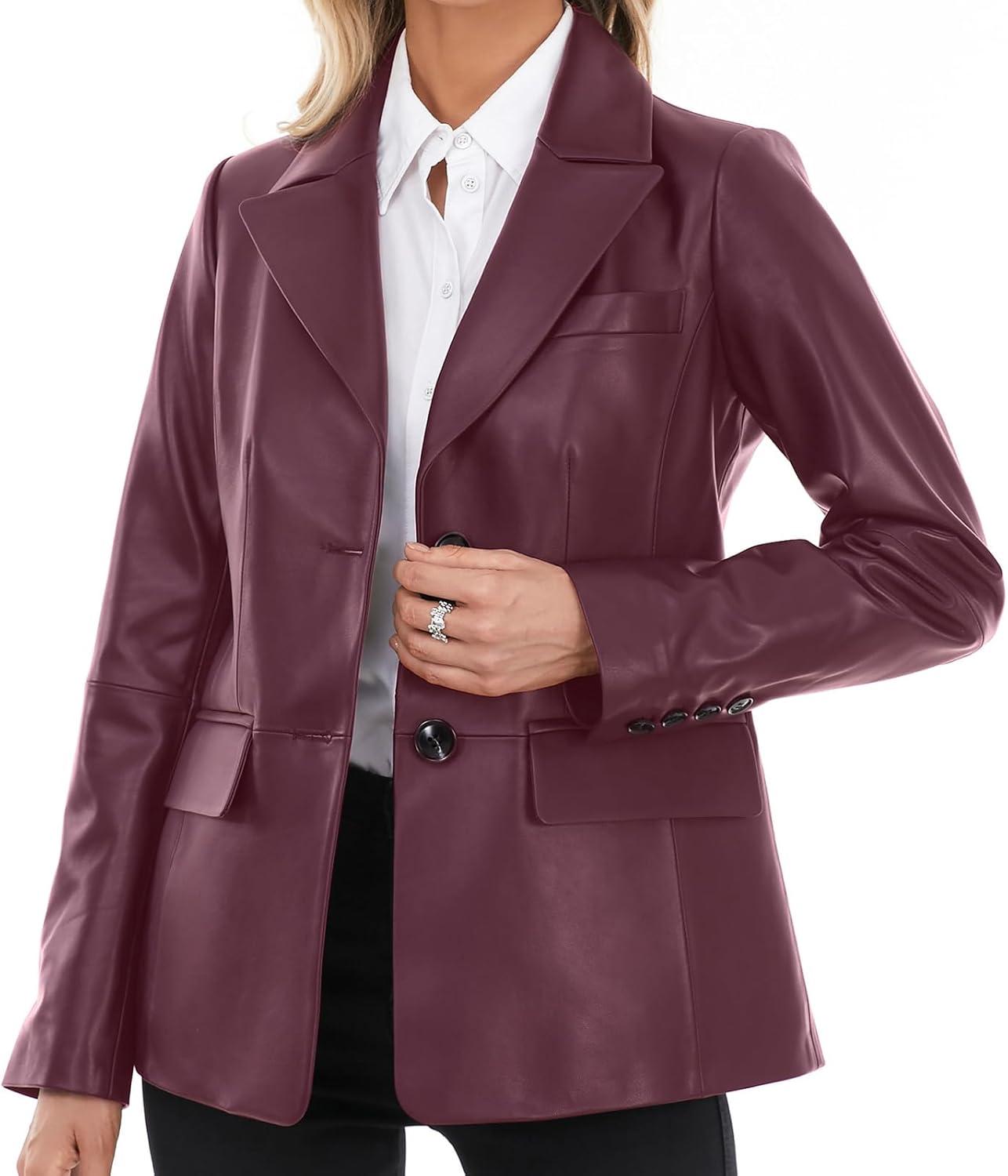 imageSILVER FASHIONS Lambskin Leather Jacket WomenLong Sleeve Button Front Leather BlazerNotched Lapel Casual StyleVent DetailBurgundy