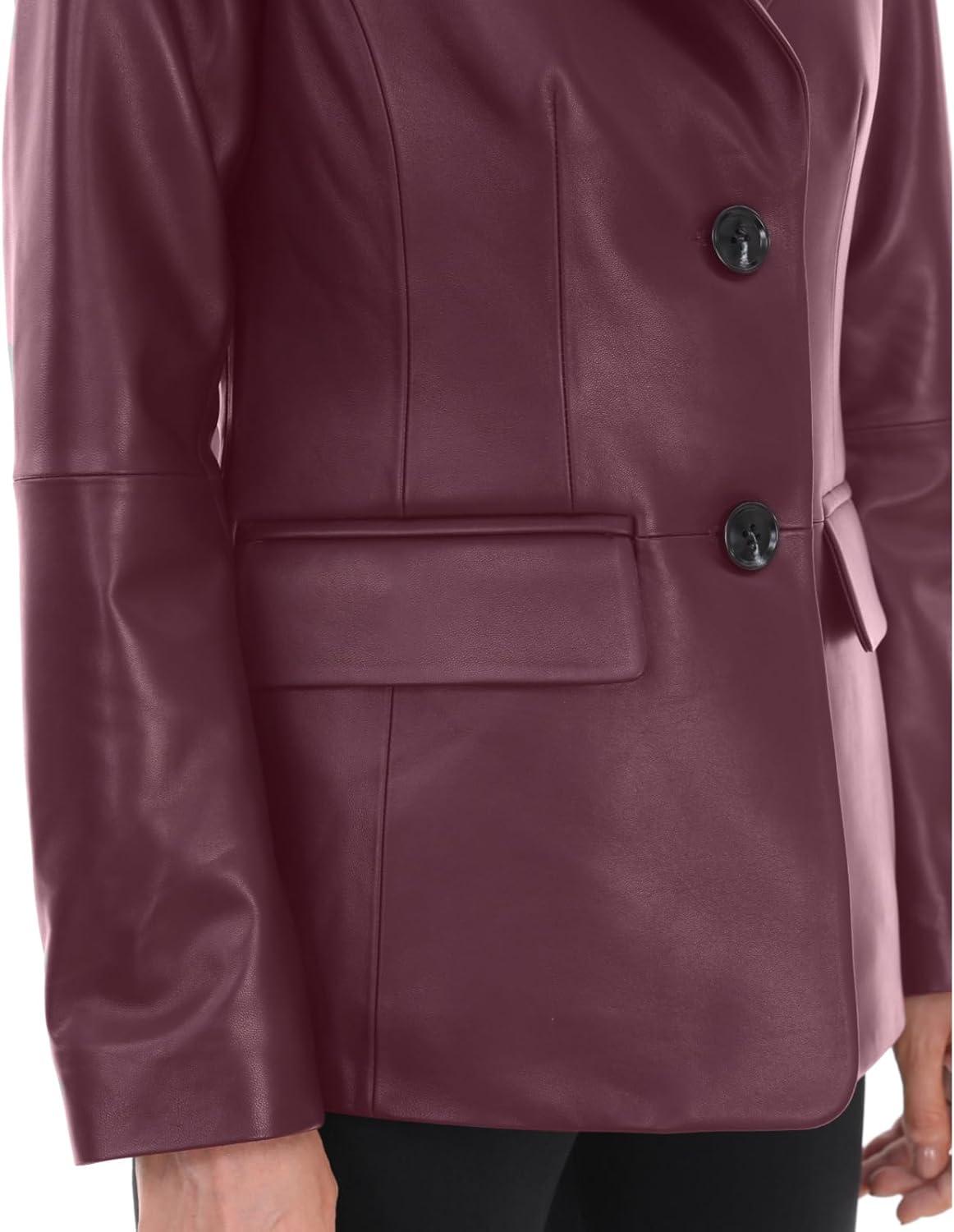 imageSILVER FASHIONS Lambskin Leather Jacket WomenLong Sleeve Button Front Leather BlazerNotched Lapel Casual StyleVent DetailBurgundy