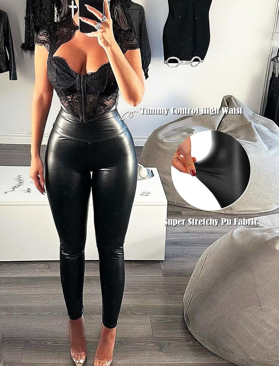 imageTZLDN Womens Faux Leather Leggings Sexy High Waisted Tummy Control Butt Lift Stretchy Slim Dressy Pleather Pu PantsB1 Classic Black Matte