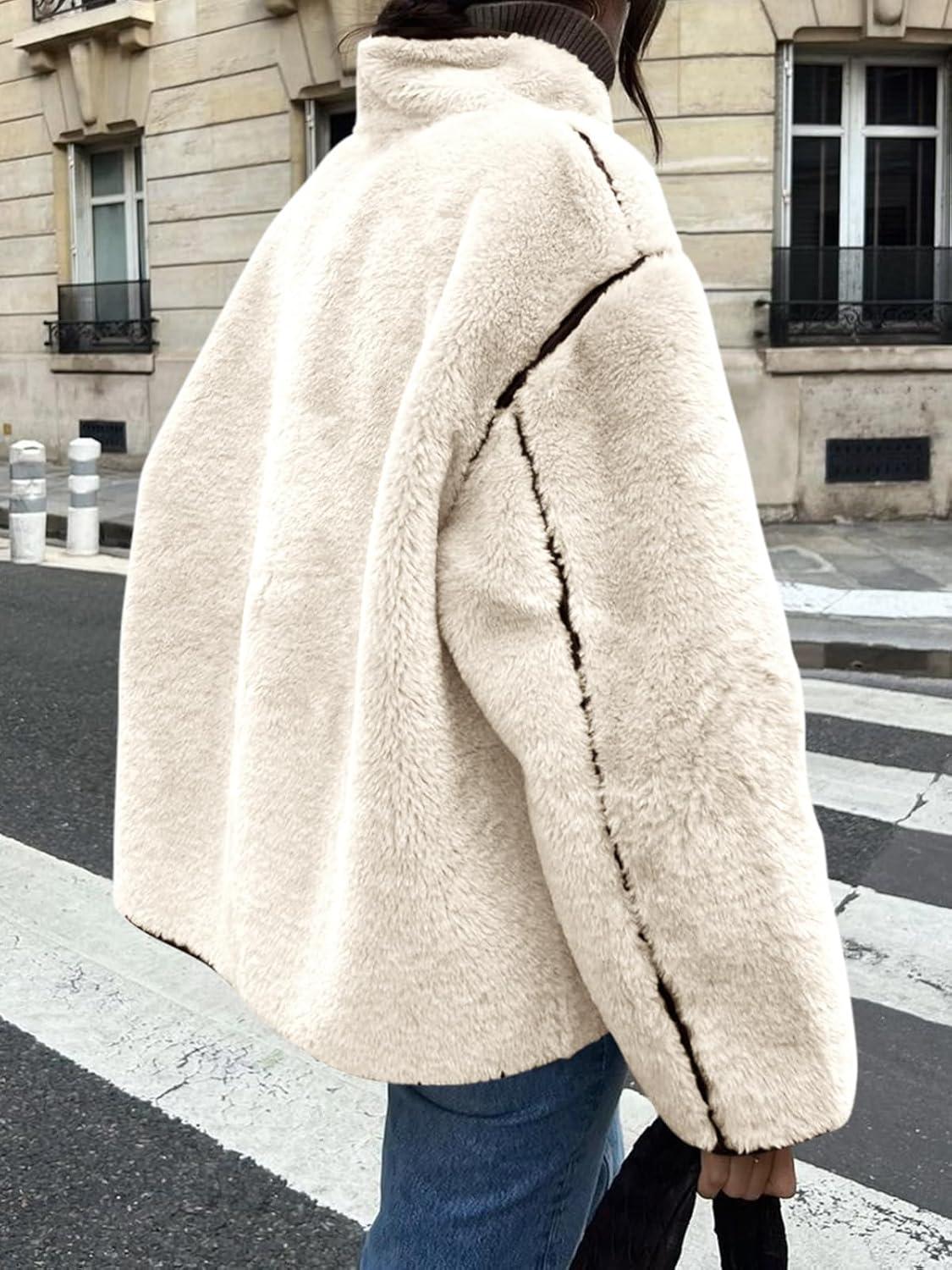imageTankaneo Womens Faux Fur Jackets Warm Winter Casual Button Down Stand Collar Long Sleeve Shaggy Outwear CoatsBeige