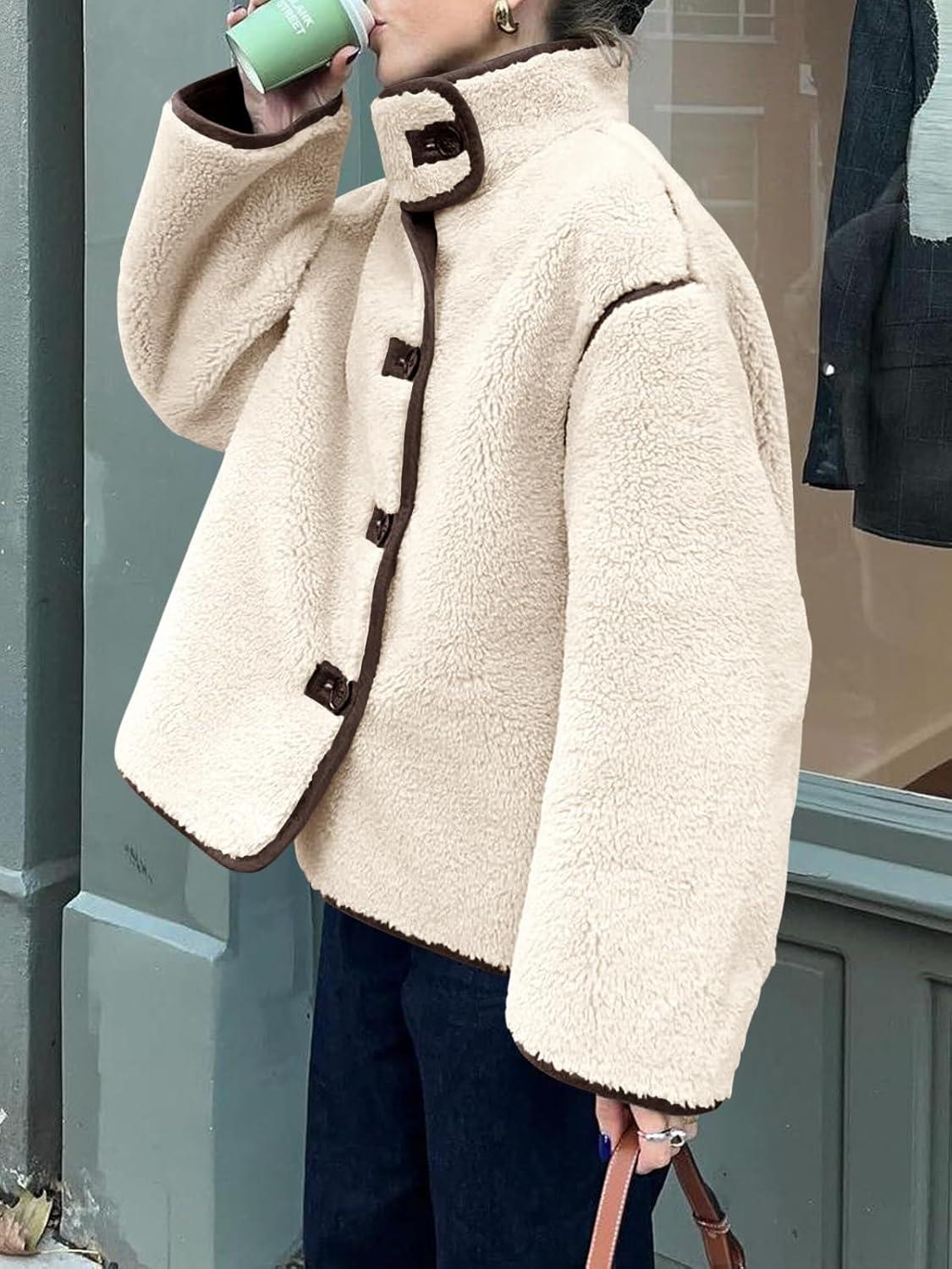 imageTankaneo Womens Faux Fur Jackets Warm Winter Casual Button Down Stand Collar Long Sleeve Shaggy Outwear CoatsBeige