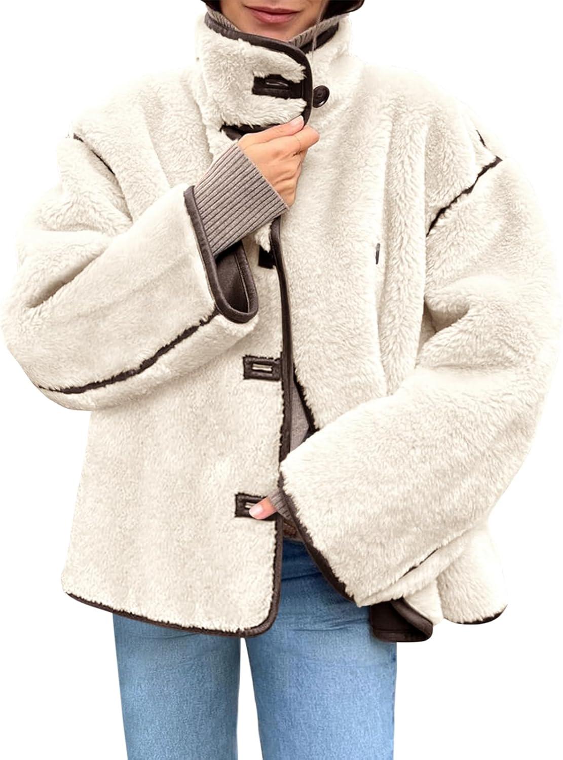 imageTankaneo Womens Faux Fur Jackets Warm Winter Casual Button Down Stand Collar Long Sleeve Shaggy Outwear CoatsBeige