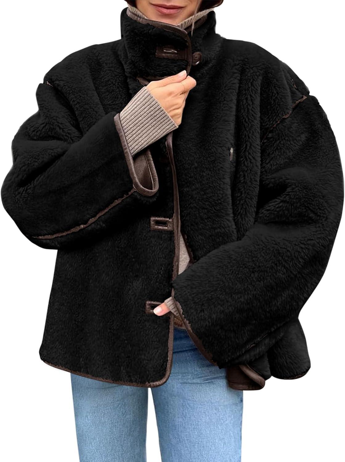 imageTankaneo Womens Faux Fur Jackets Warm Winter Casual Button Down Stand Collar Long Sleeve Shaggy Outwear CoatsBlack