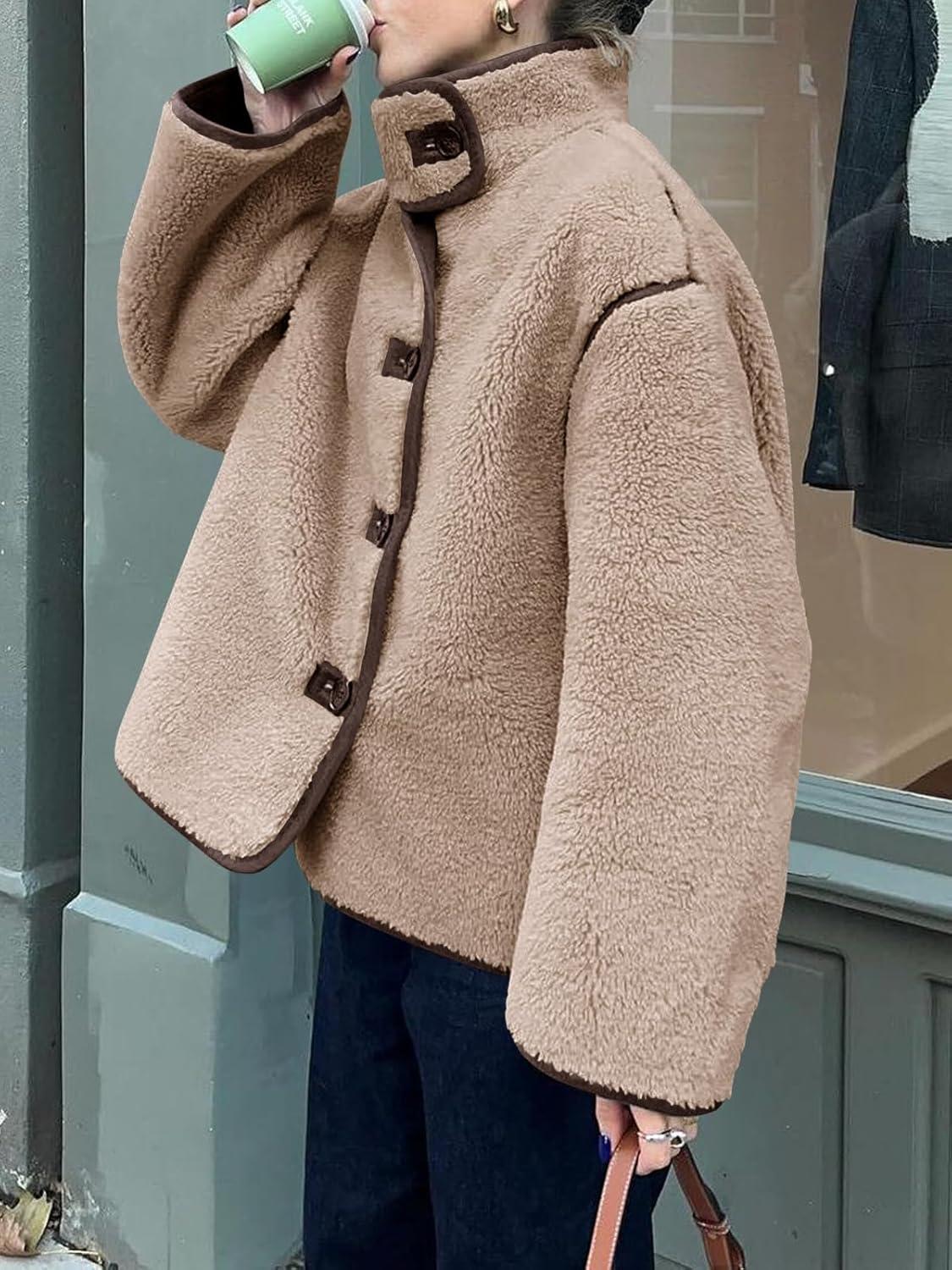 imageTankaneo Womens Faux Fur Jackets Warm Winter Casual Button Down Stand Collar Long Sleeve Shaggy Outwear CoatsDark Khaki