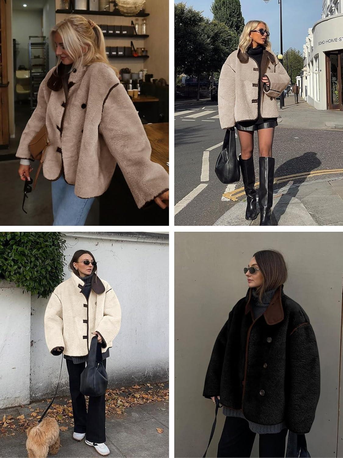 imageTankaneo Womens Faux Fur Jackets Warm Winter Casual Button Down Stand Collar Long Sleeve Shaggy Outwear CoatsDark Khaki