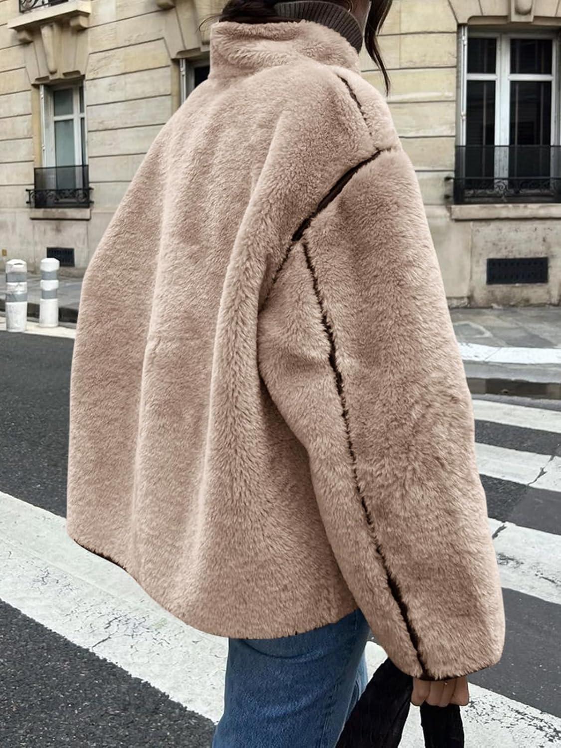 imageTankaneo Womens Faux Fur Jackets Warm Winter Casual Button Down Stand Collar Long Sleeve Shaggy Outwear CoatsDark Khaki
