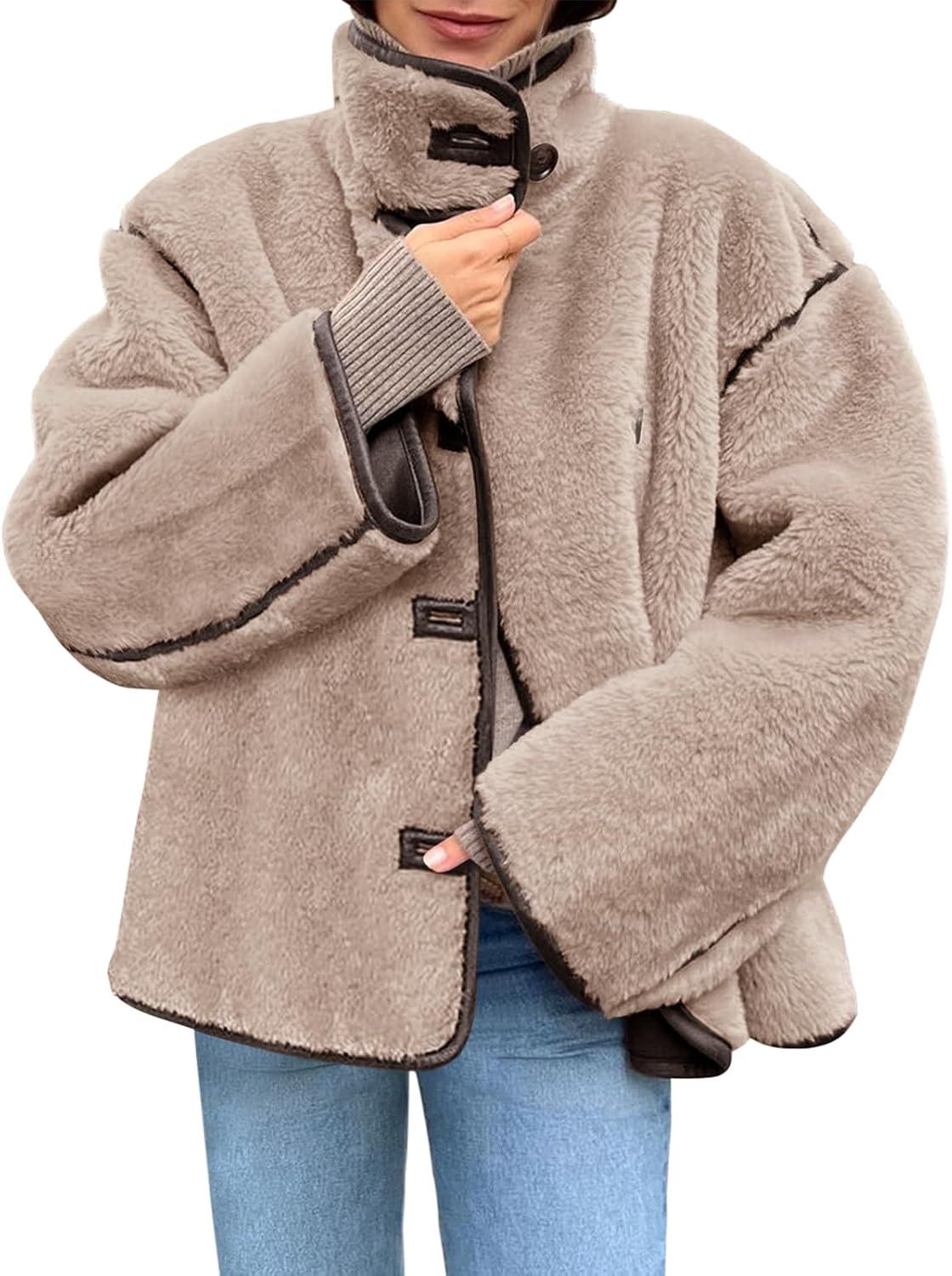 imageTankaneo Womens Faux Fur Jackets Warm Winter Casual Button Down Stand Collar Long Sleeve Shaggy Outwear CoatsDark Khaki