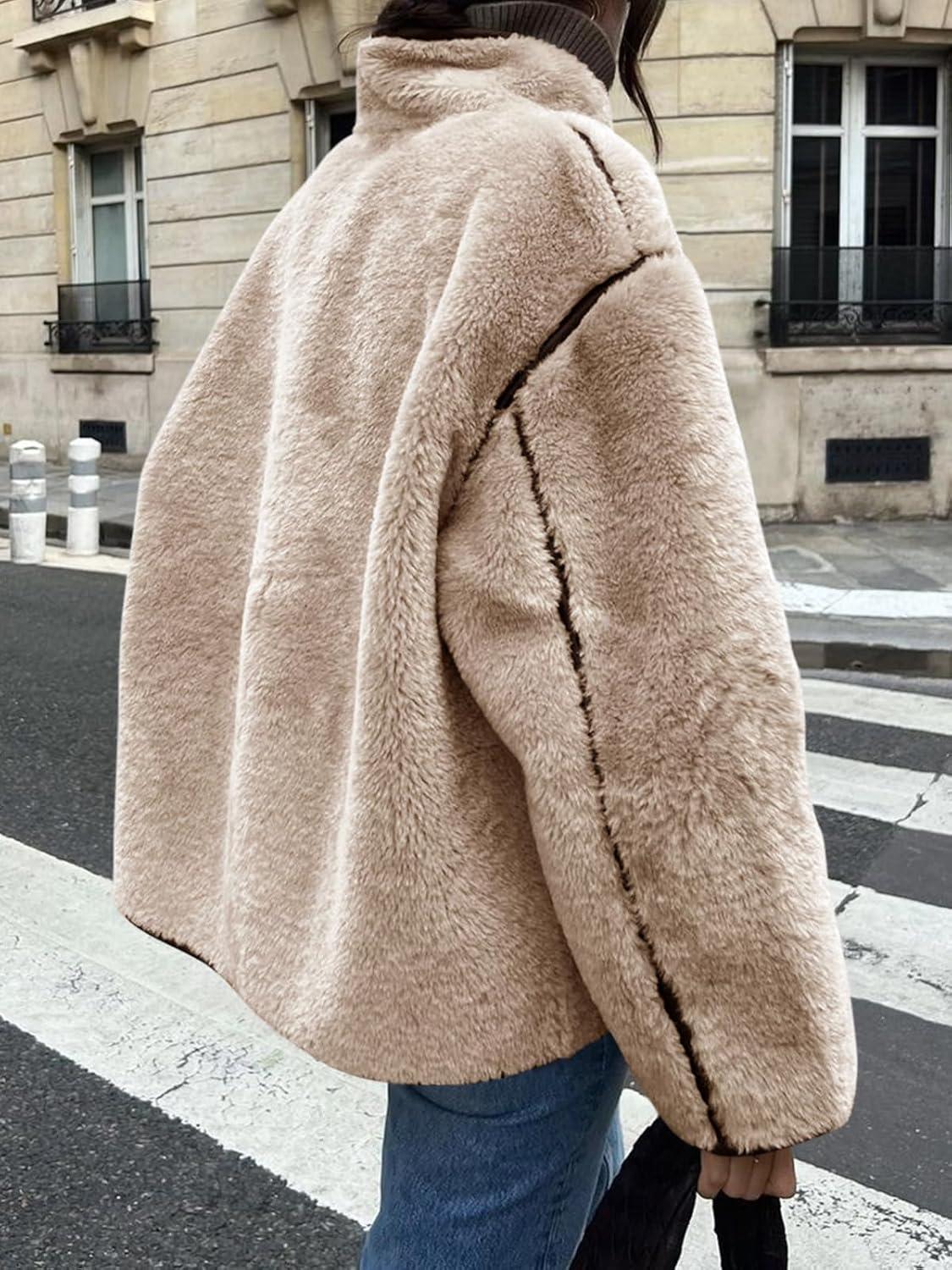 imageTankaneo Womens Faux Fur Jackets Warm Winter Casual Button Down Stand Collar Long Sleeve Shaggy Outwear CoatsKhaki