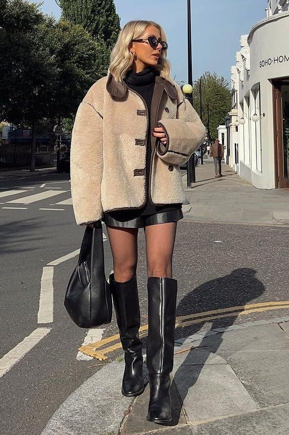 imageTankaneo Womens Faux Fur Jackets Warm Winter Casual Button Down Stand Collar Long Sleeve Shaggy Outwear CoatsKhaki