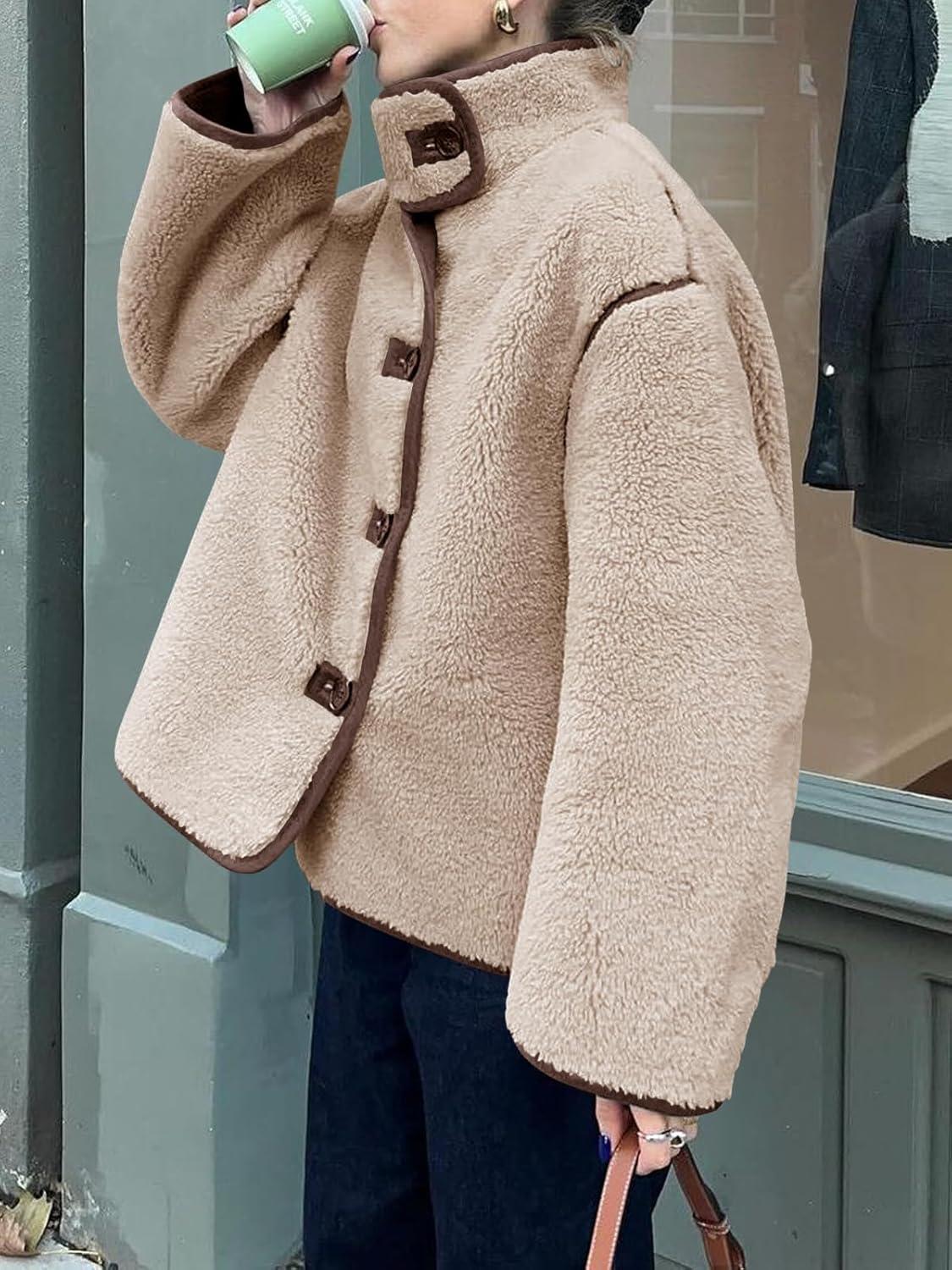 imageTankaneo Womens Faux Fur Jackets Warm Winter Casual Button Down Stand Collar Long Sleeve Shaggy Outwear CoatsKhaki