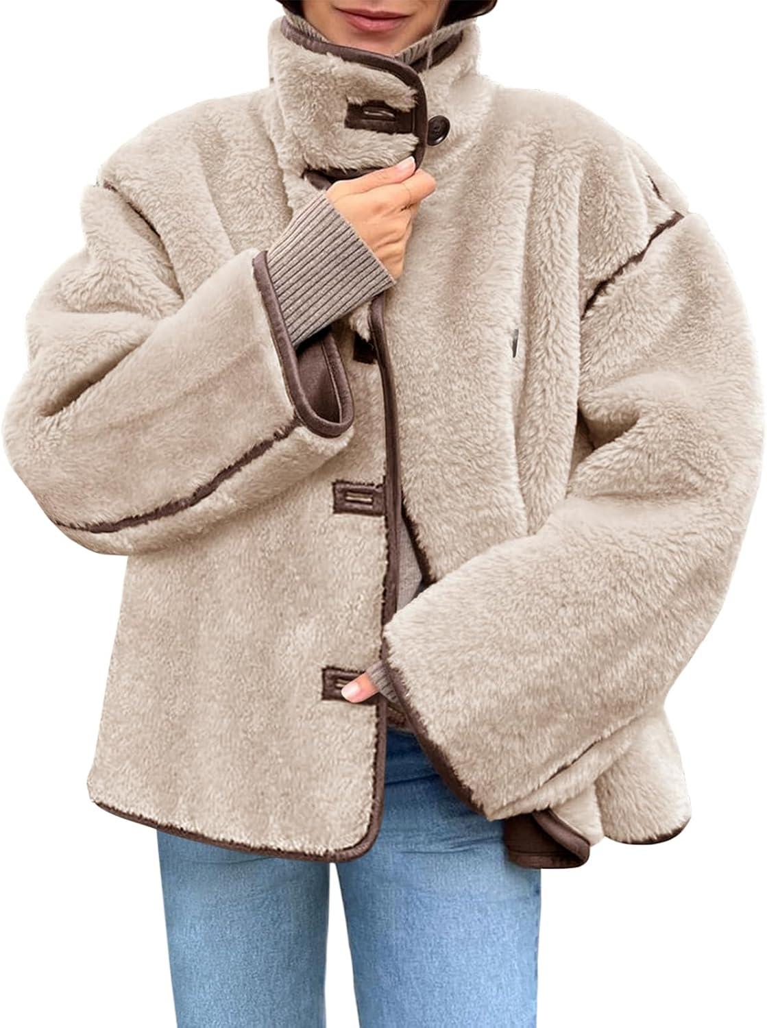 imageTankaneo Womens Faux Fur Jackets Warm Winter Casual Button Down Stand Collar Long Sleeve Shaggy Outwear CoatsKhaki
