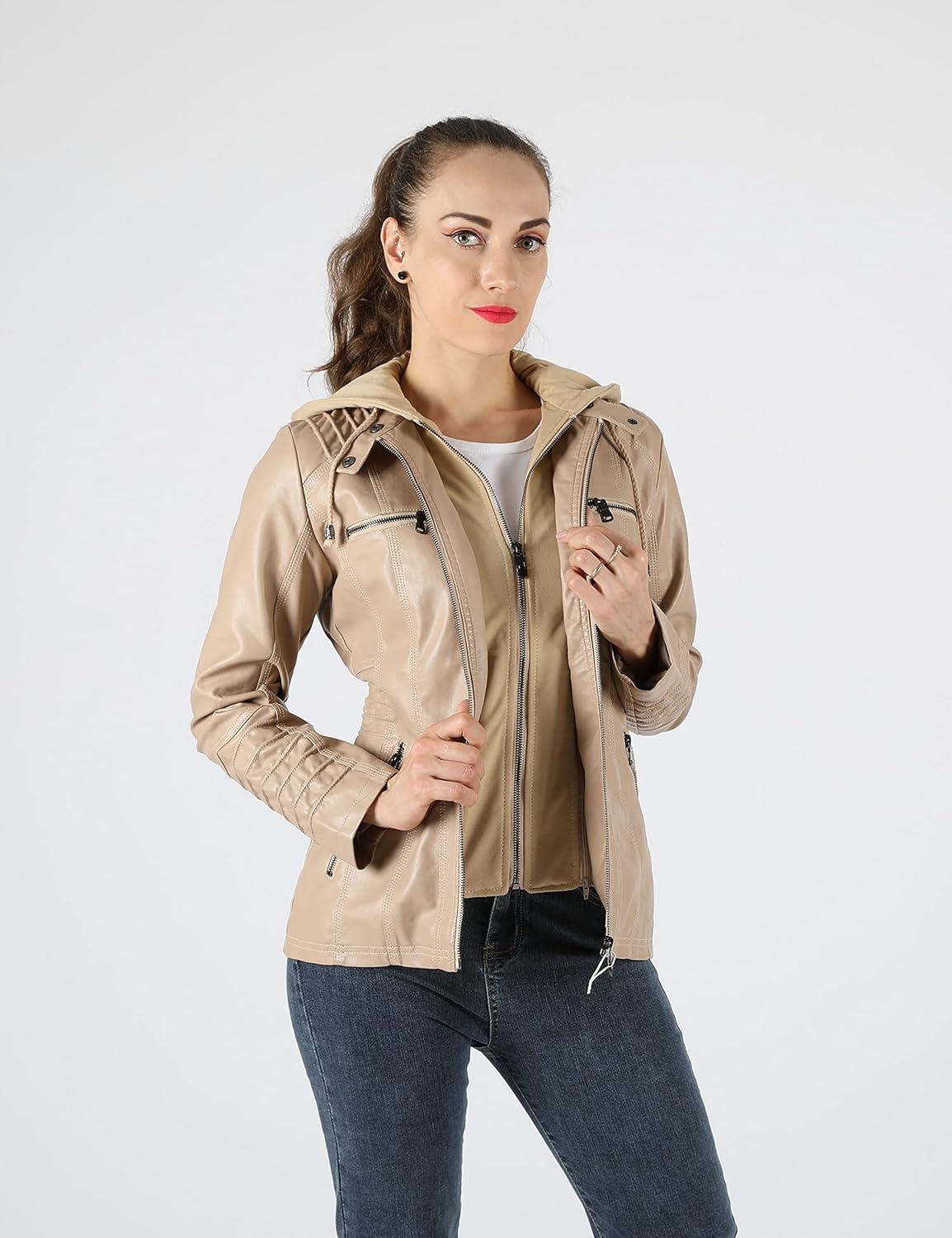 imageTanming Womens Faux Leather Jacket Hooded Moto Biker Coat Outerwear Fall Fashion Outfits Winter ClothesApricot