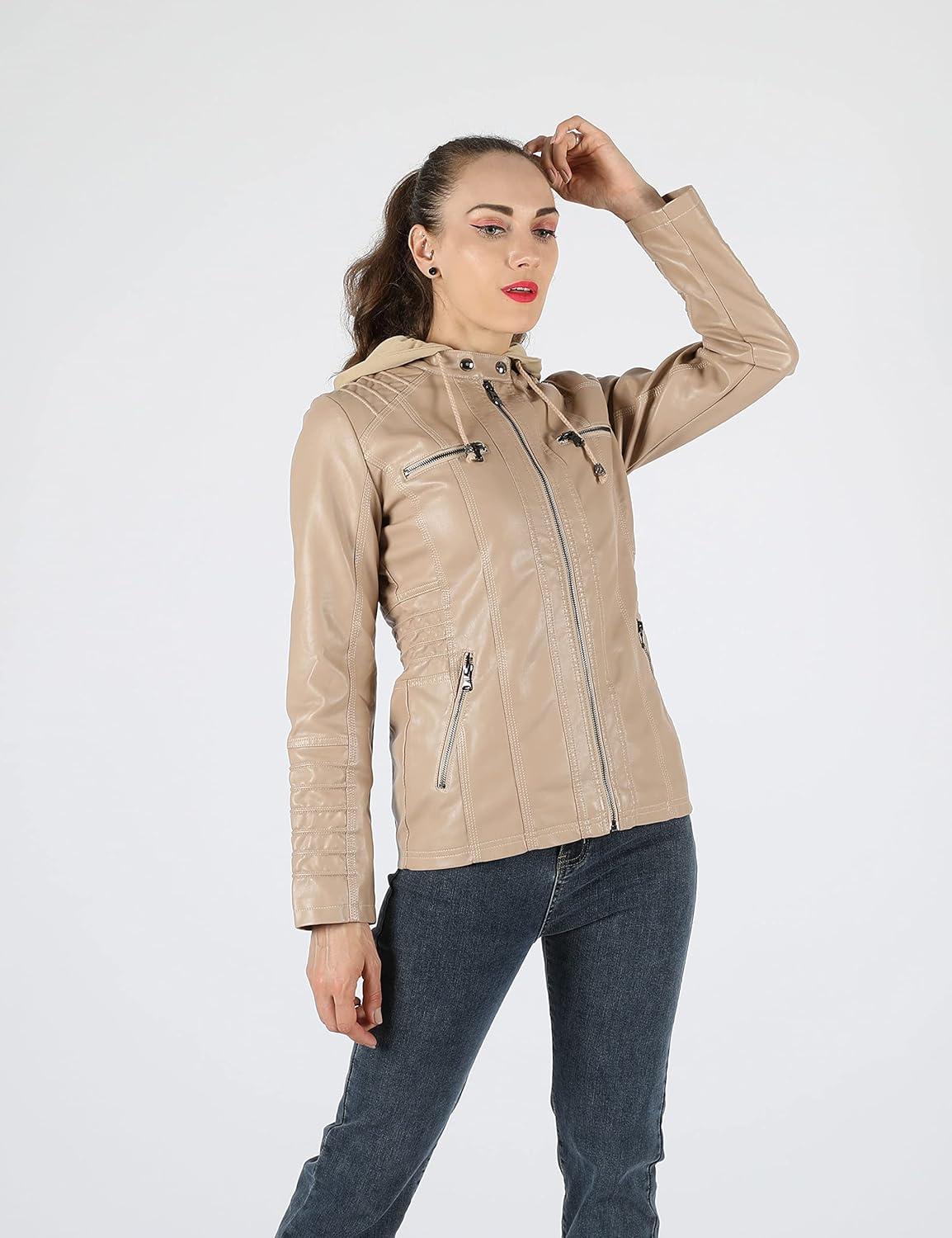 imageTanming Womens Faux Leather Jacket Hooded Moto Biker Coat Outerwear Fall Fashion Outfits Winter ClothesApricot