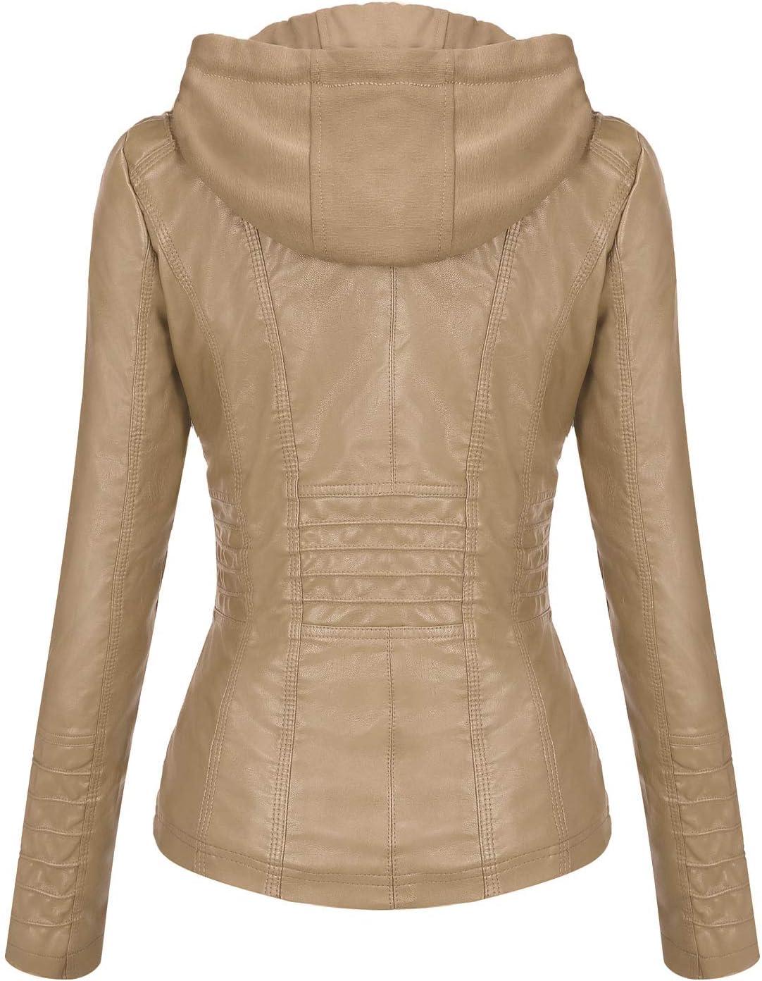 imageTanming Womens Faux Leather Jacket Hooded Moto Biker Coat Outerwear Fall Fashion Outfits Winter ClothesApricot