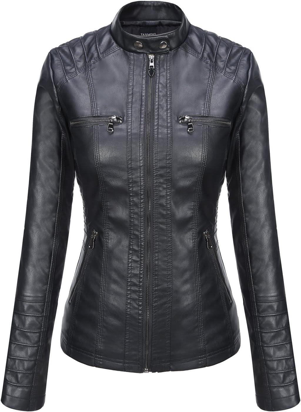 imageTanming Womens Faux Leather Jacket Hooded Moto Biker Coat Outerwear Fall Fashion Outfits Winter ClothesBlack