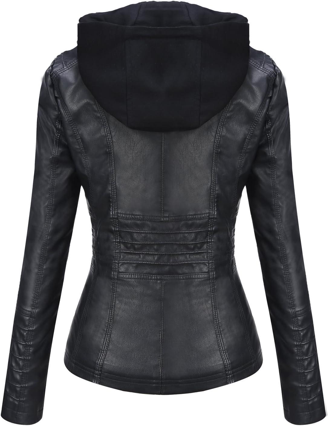 imageTanming Womens Faux Leather Jacket Hooded Moto Biker Coat Outerwear Fall Fashion Outfits Winter ClothesBlack