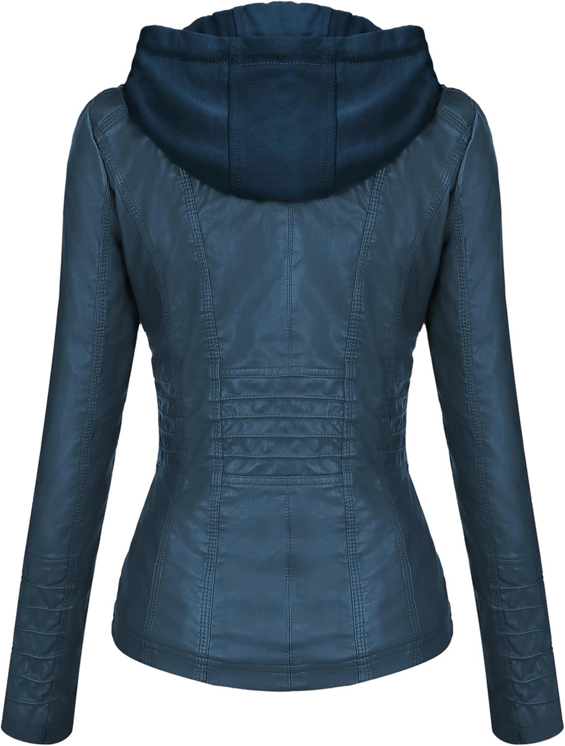 imageTanming Womens Faux Leather Jacket Hooded Moto Biker Coat Outerwear Fall Fashion Outfits Winter ClothesBlue