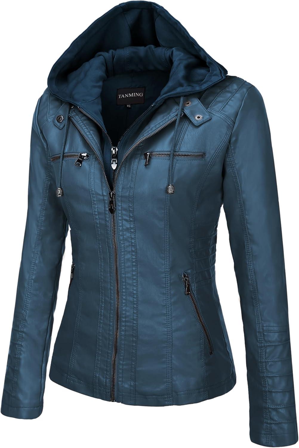 imageTanming Womens Faux Leather Jacket Hooded Moto Biker Coat Outerwear Fall Fashion Outfits Winter ClothesBlue