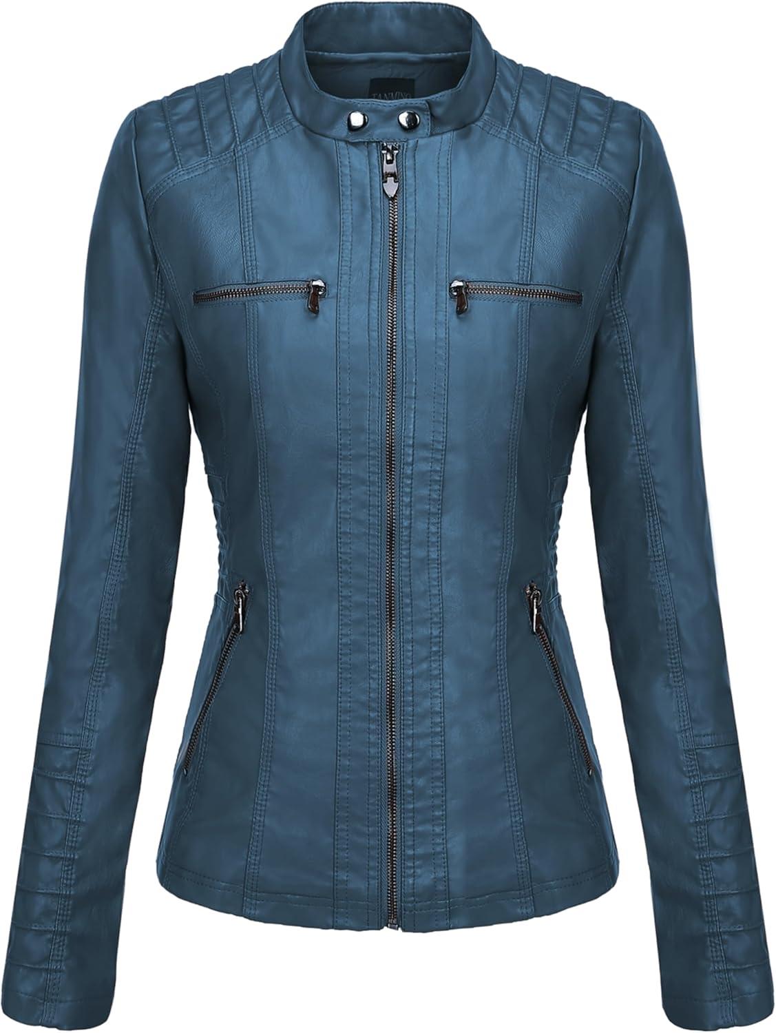 imageTanming Womens Faux Leather Jacket Hooded Moto Biker Coat Outerwear Fall Fashion Outfits Winter ClothesBlue