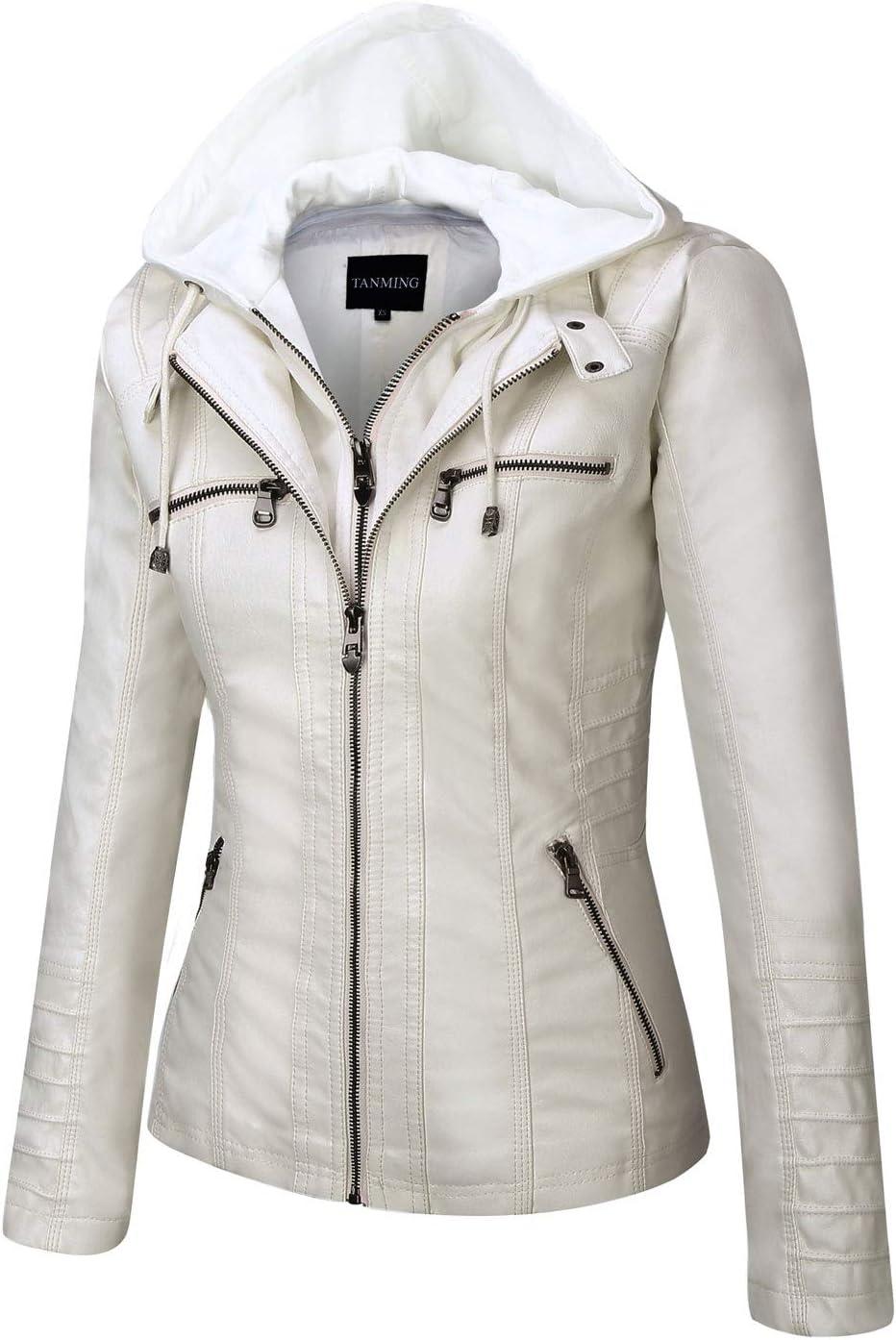 imageTanming Womens Faux Leather Jacket Hooded Moto Biker Coat Outerwear Fall Fashion Outfits Winter ClothesCream White