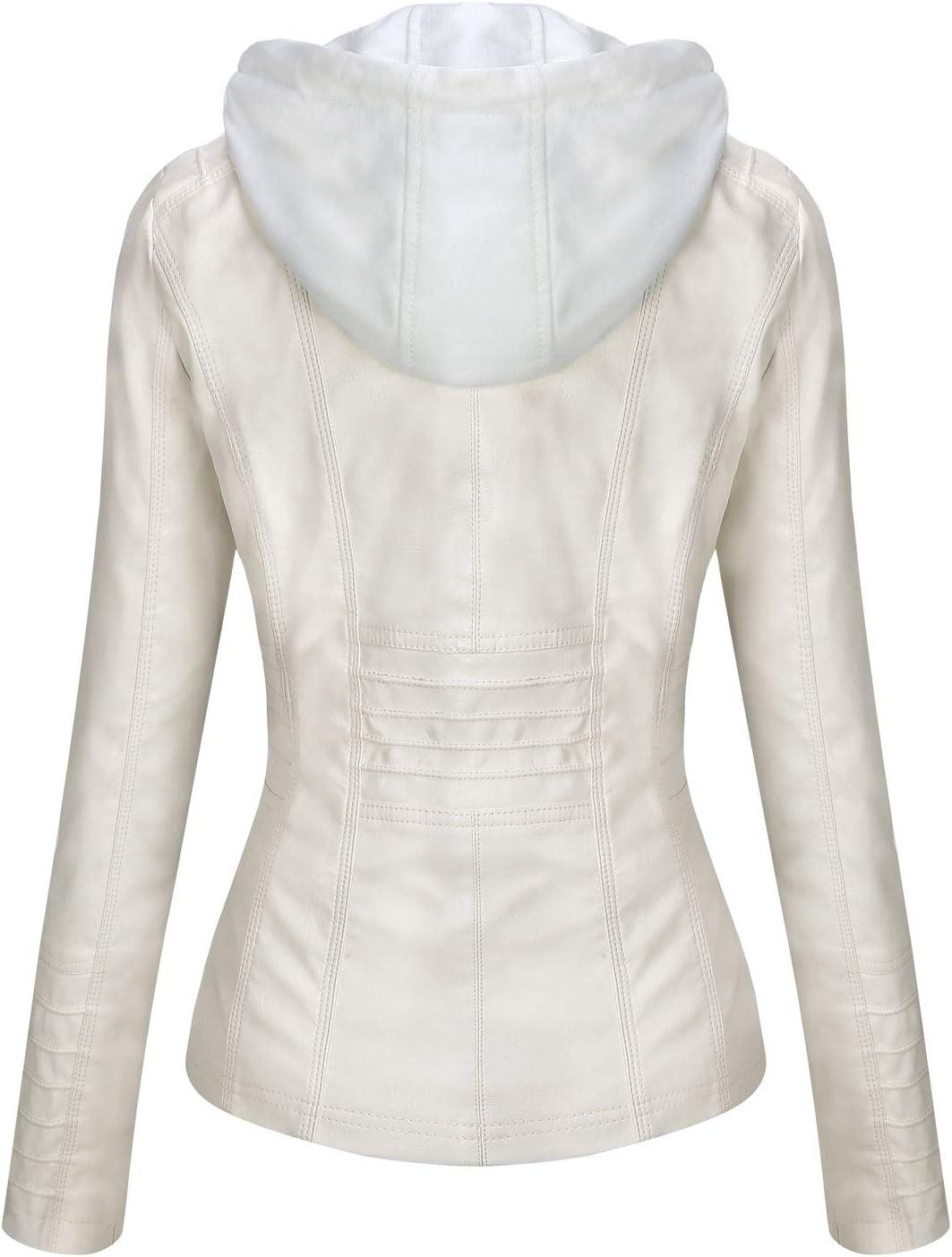 imageTanming Womens Faux Leather Jacket Hooded Moto Biker Coat Outerwear Fall Fashion Outfits Winter ClothesCream White