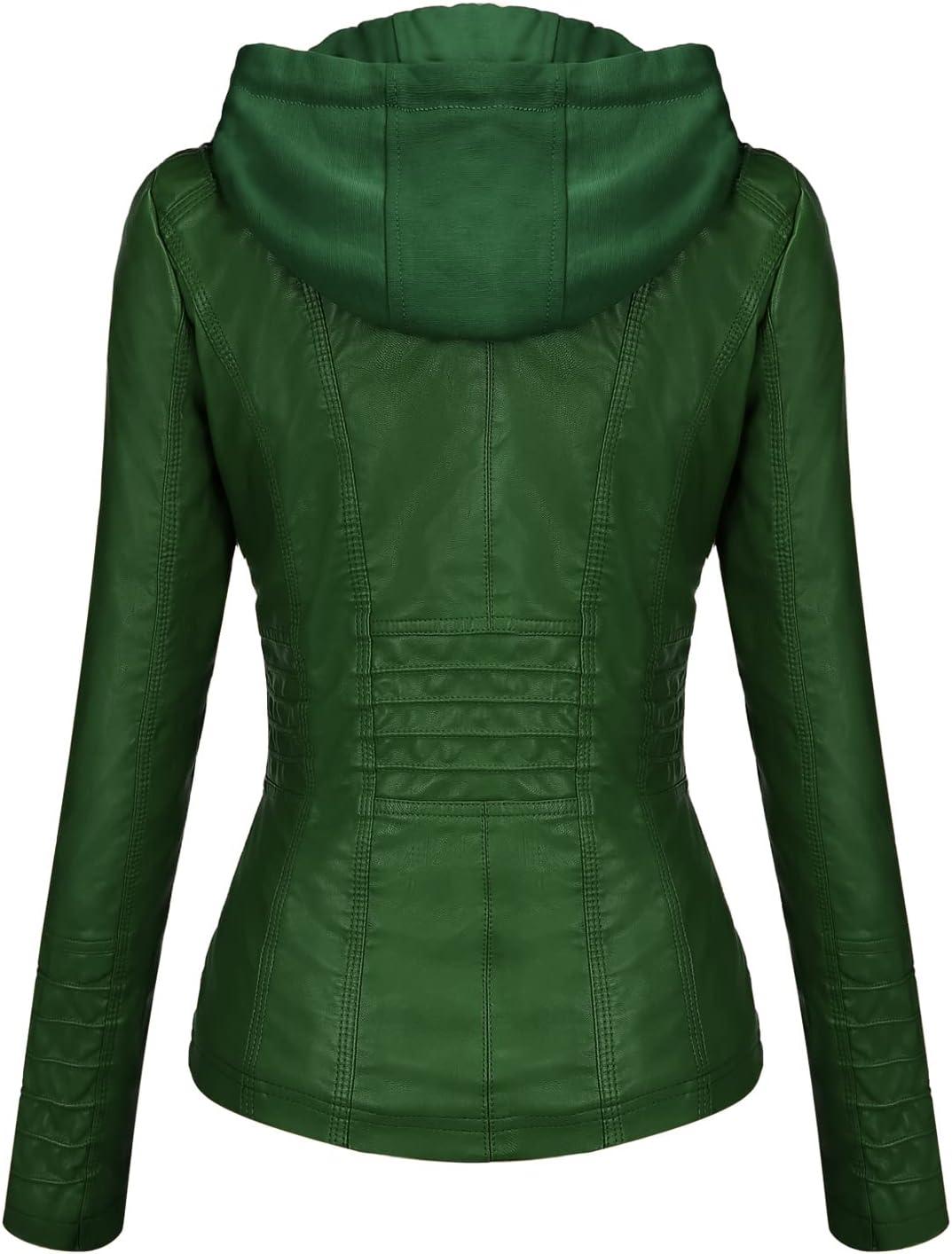 imageTanming Womens Faux Leather Jacket Hooded Moto Biker Coat Outerwear Fall Fashion Outfits Winter ClothesGreen