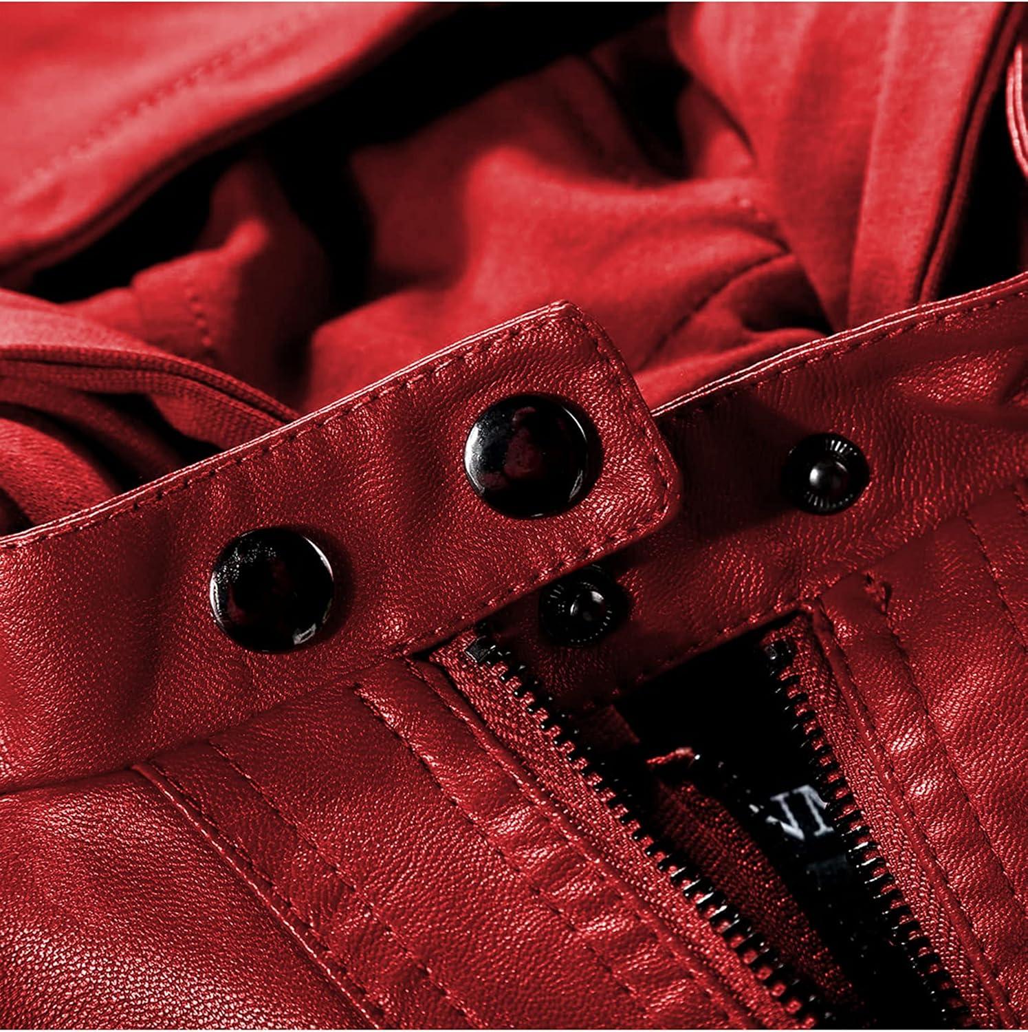 imageTanming Womens Faux Leather Jacket Hooded Moto Biker Coat Outerwear Fall Fashion Outfits Winter ClothesWine Red