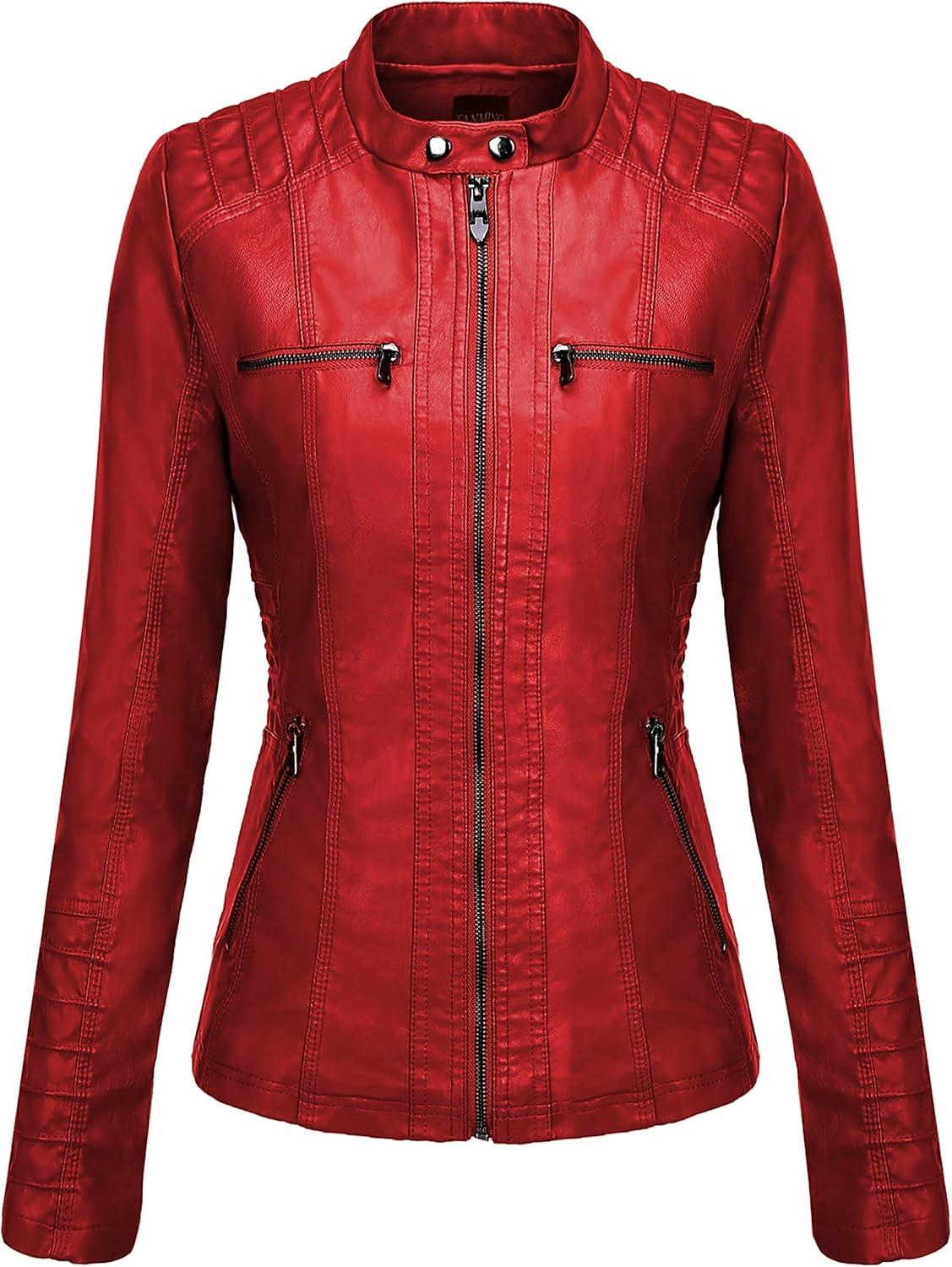 imageTanming Womens Faux Leather Jacket Hooded Moto Biker Coat Outerwear Fall Fashion Outfits Winter ClothesWine Red