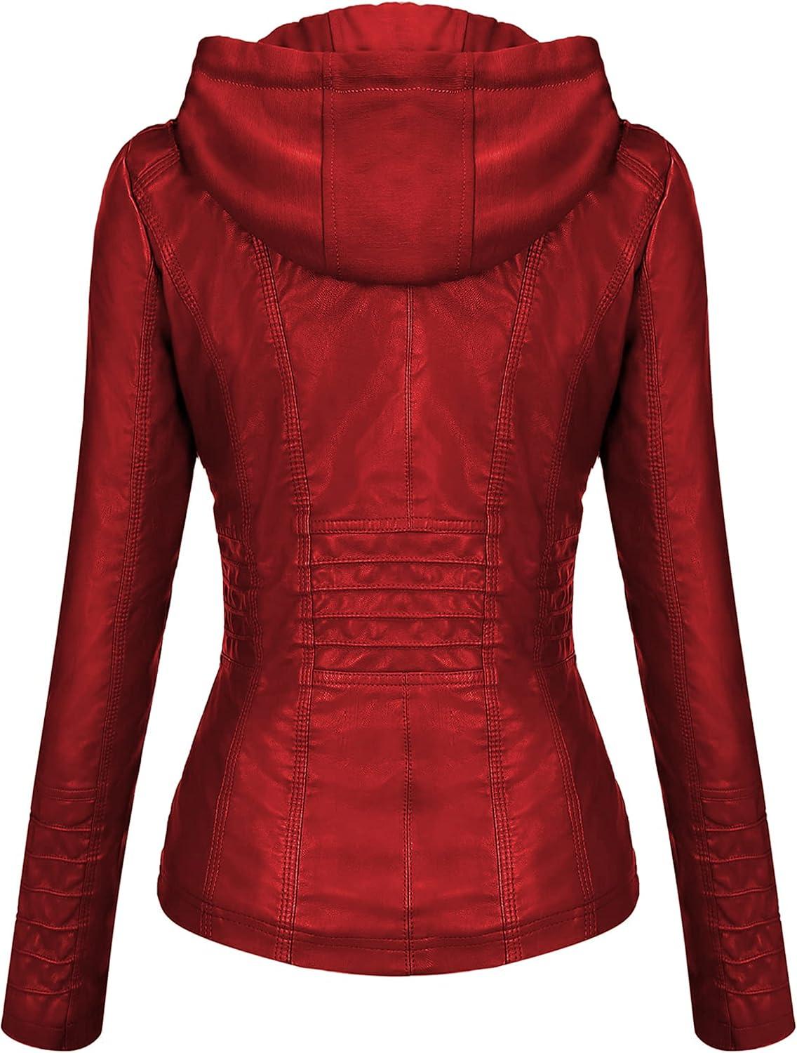 imageTanming Womens Faux Leather Jacket Hooded Moto Biker Coat Outerwear Fall Fashion Outfits Winter ClothesWine Red