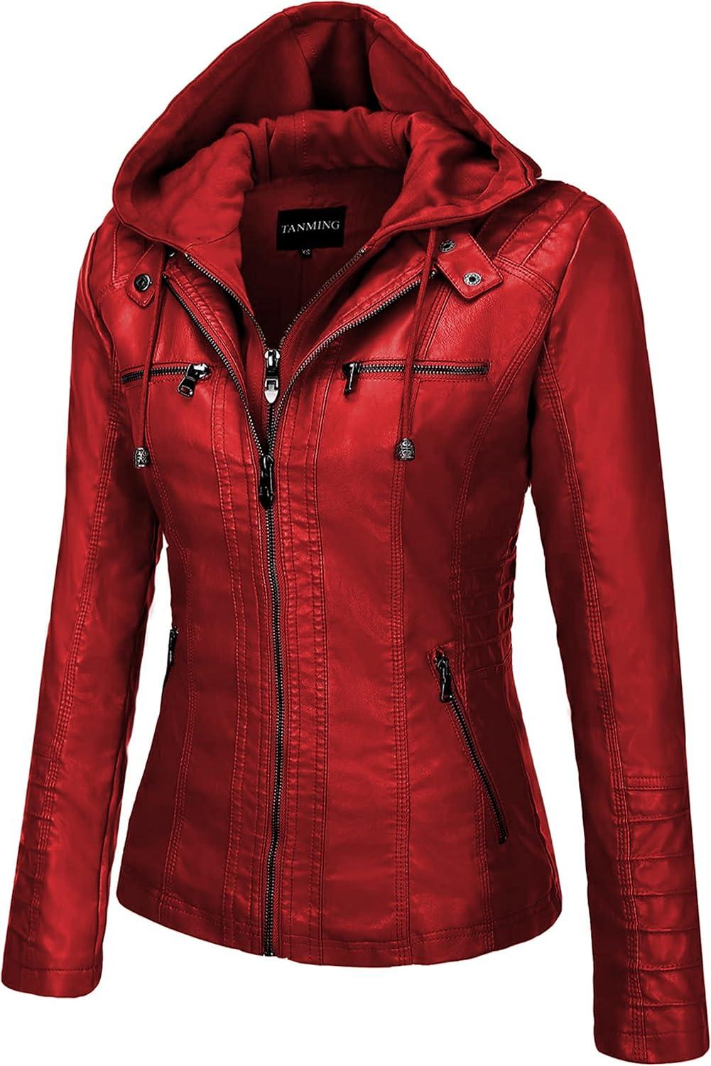 imageTanming Womens Faux Leather Jacket Hooded Moto Biker Coat Outerwear Fall Fashion Outfits Winter ClothesWine Red