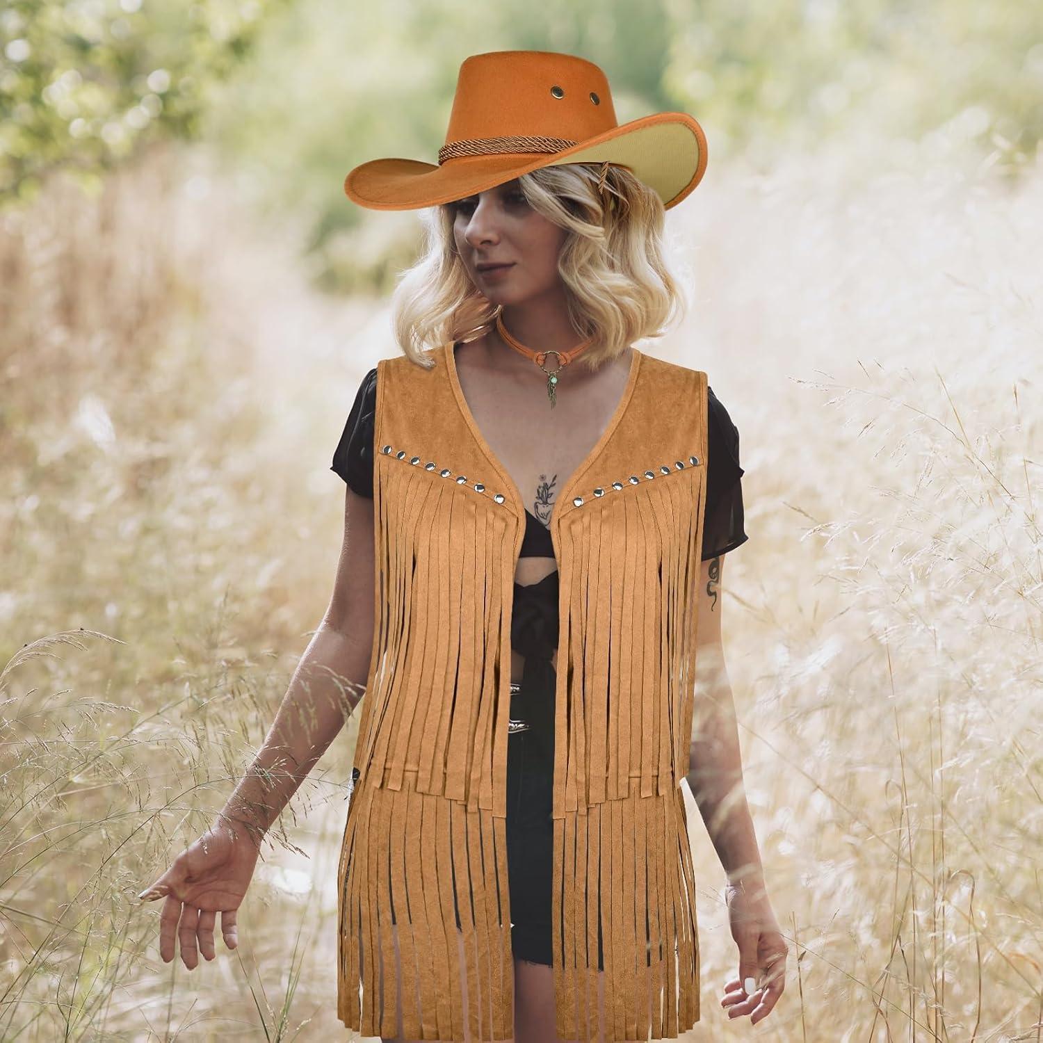 imageTassel Vest for Women 70s Hippie Faux Suede Sleeveless Fringe Rivets Jacket with Cowboy Hat and Leather Necklace