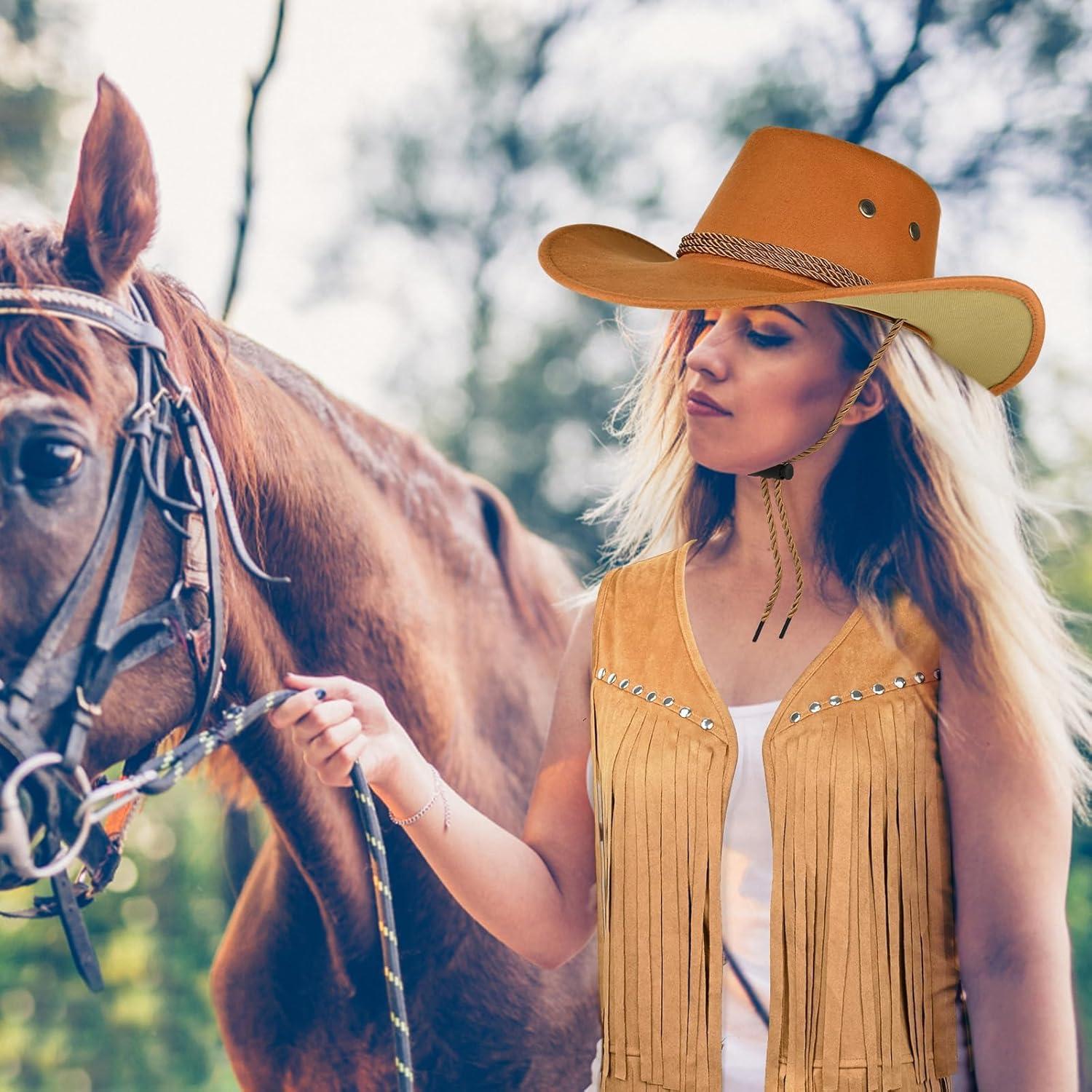 imageTassel Vest for Women 70s Hippie Faux Suede Sleeveless Fringe Rivets Jacket with Cowboy Hat and Leather Necklace