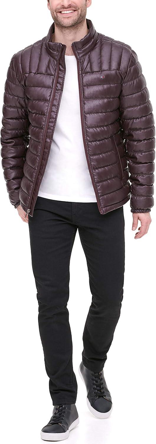 imageTommy Hilfiger mens Wetlook Lightweight Puffer JacketBurgundy Faux Leather
