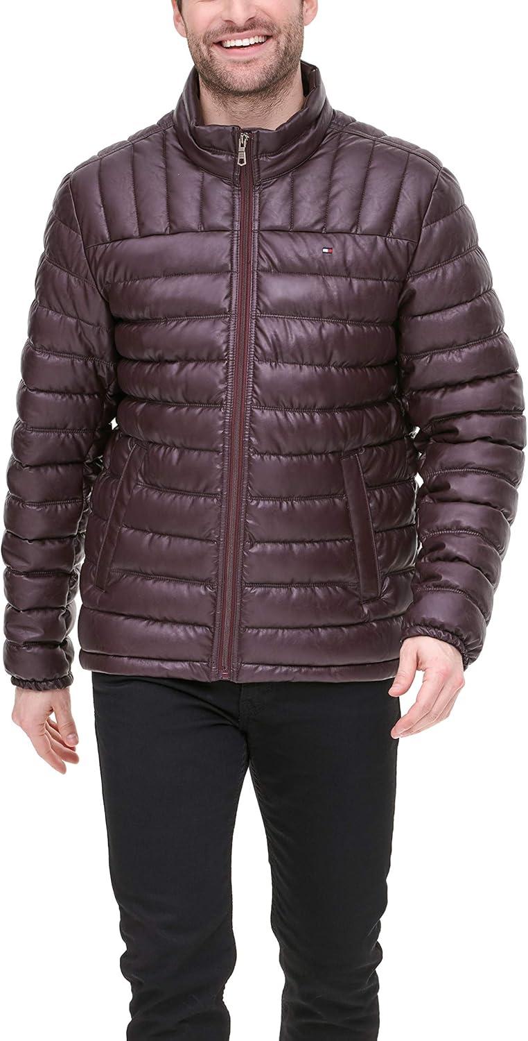imageTommy Hilfiger mens Wetlook Lightweight Puffer JacketBurgundy Faux Leather