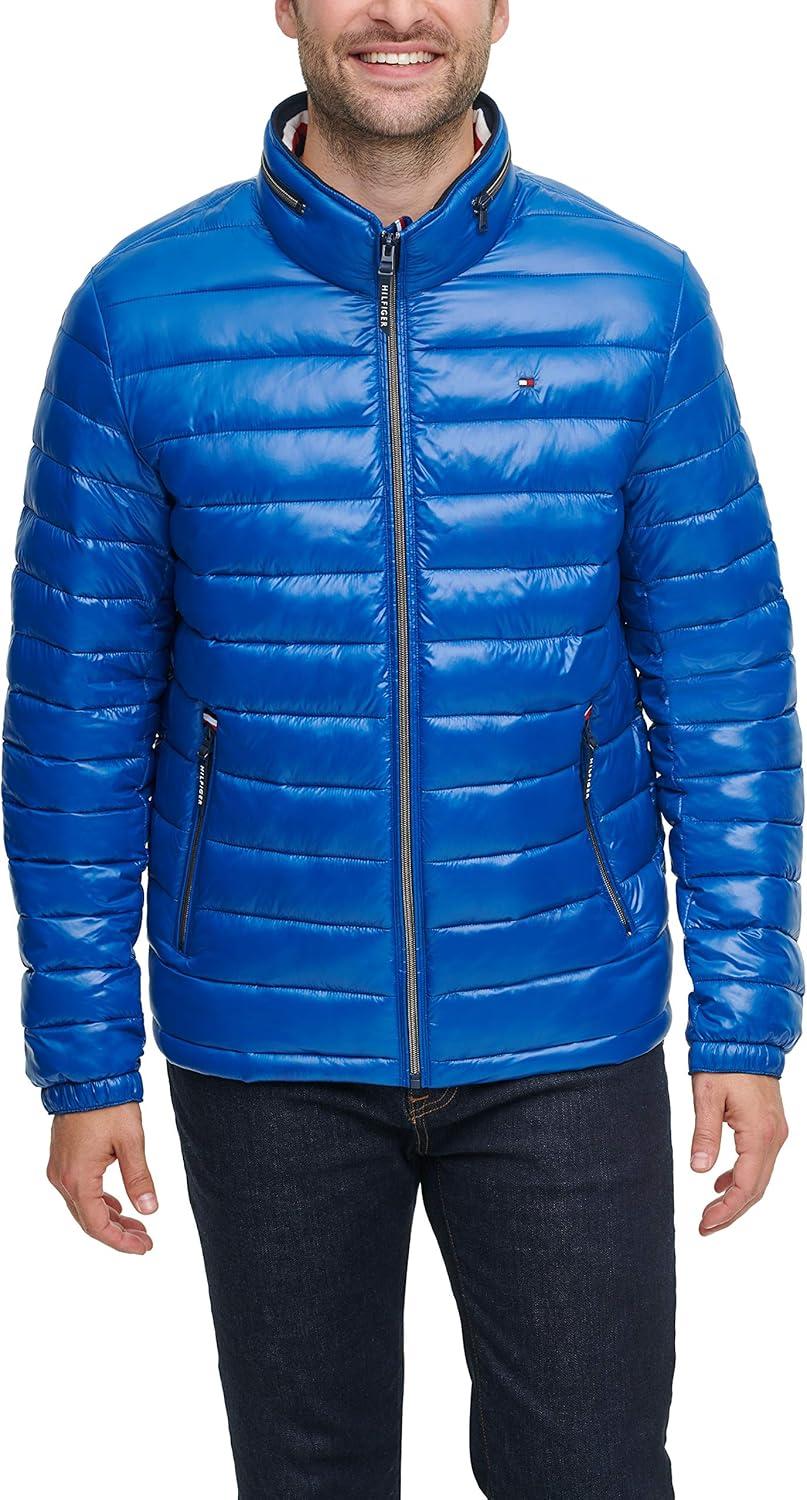 imageTommy Hilfiger mens Wetlook Lightweight Puffer JacketNew Royal Wet Look