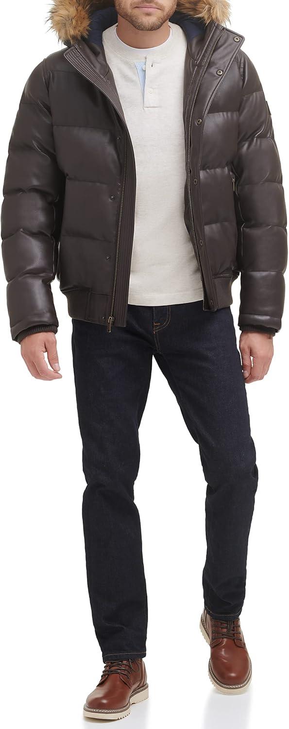 imageTommy Hilfiger mens Wetlook Lightweight Puffer JacketSaddle Faux Leather