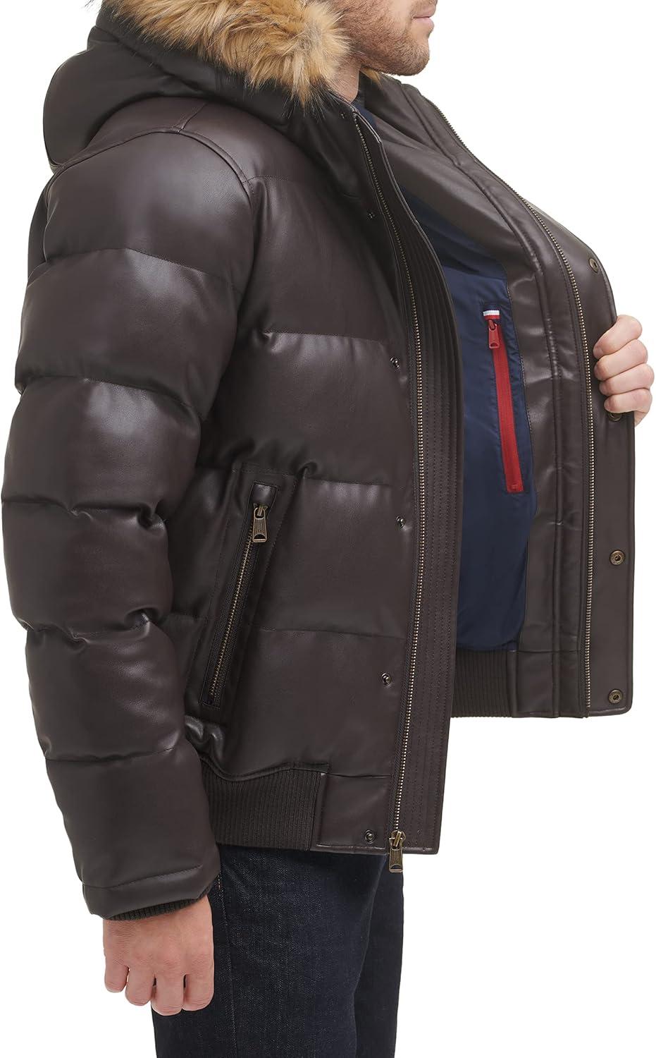 imageTommy Hilfiger mens Wetlook Lightweight Puffer JacketSaddle Faux Leather