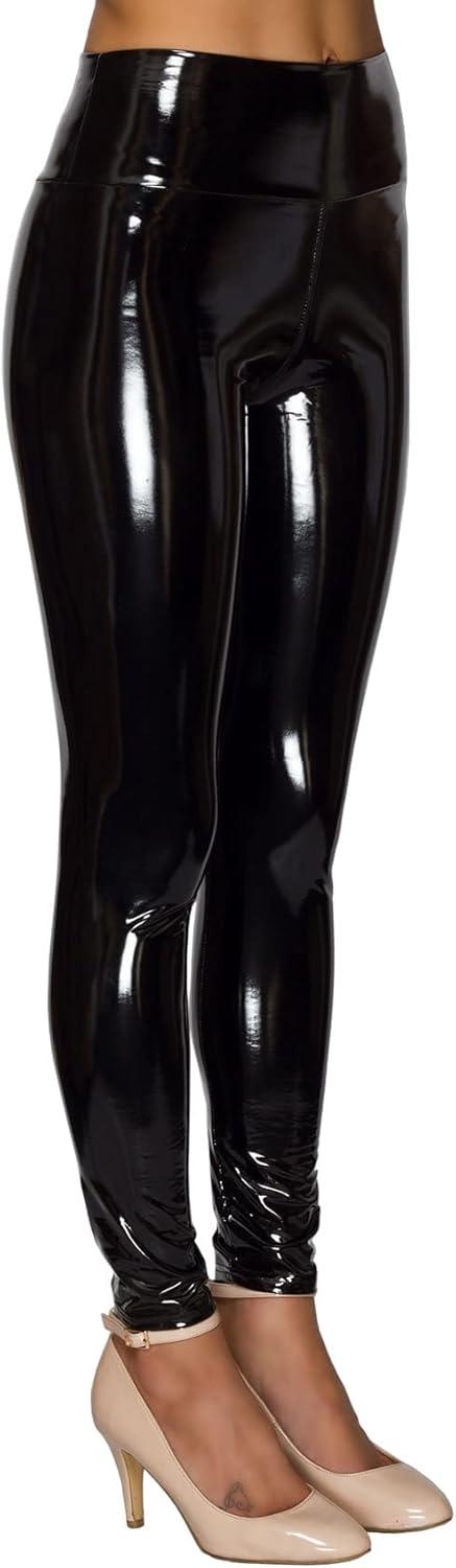 imageWomen Mirror Faux Patent Leather Leggings Wet Look Reflective Shiny Stretch Tighten Pants High Waist SlimBlack