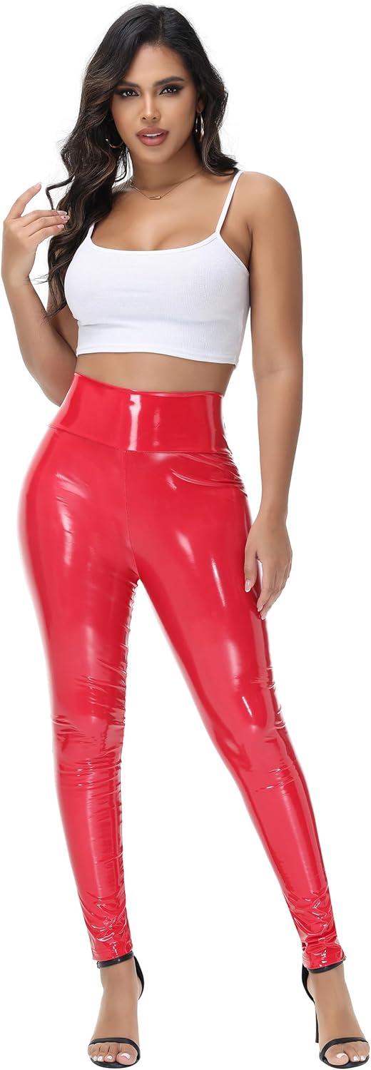 imageWomen Mirror Faux Patent Leather Leggings Wet Look Reflective Shiny Stretch Tighten Pants High Waist SlimRed