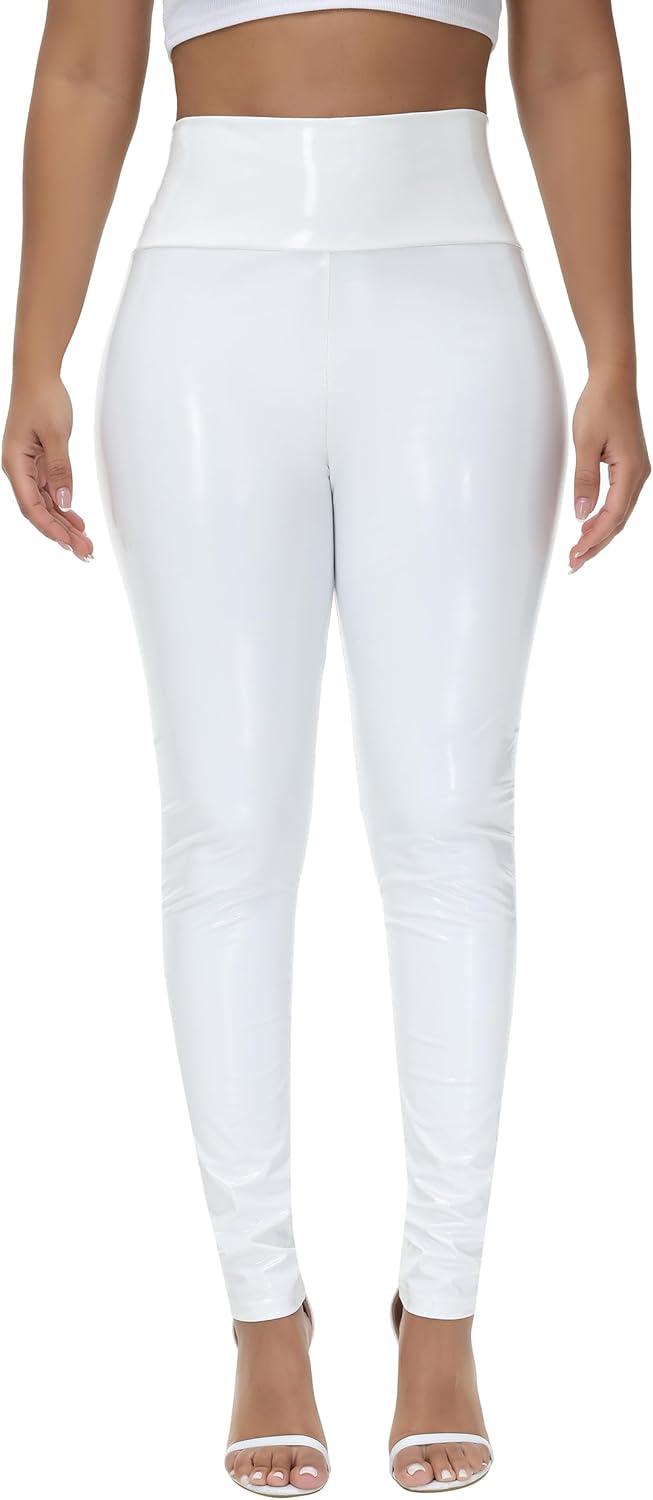 imageWomen Mirror Faux Patent Leather Leggings Wet Look Reflective Shiny Stretch Tighten Pants High Waist SlimWhite