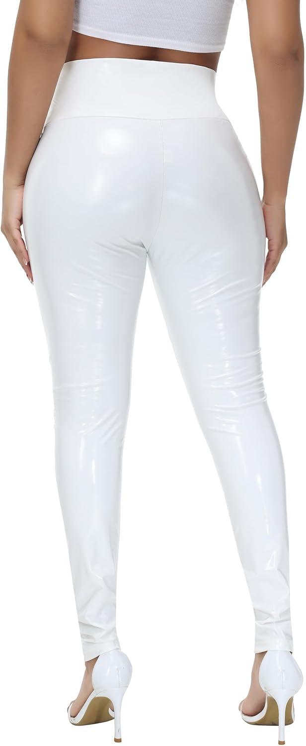 imageWomen Mirror Faux Patent Leather Leggings Wet Look Reflective Shiny Stretch Tighten Pants High Waist SlimWhite