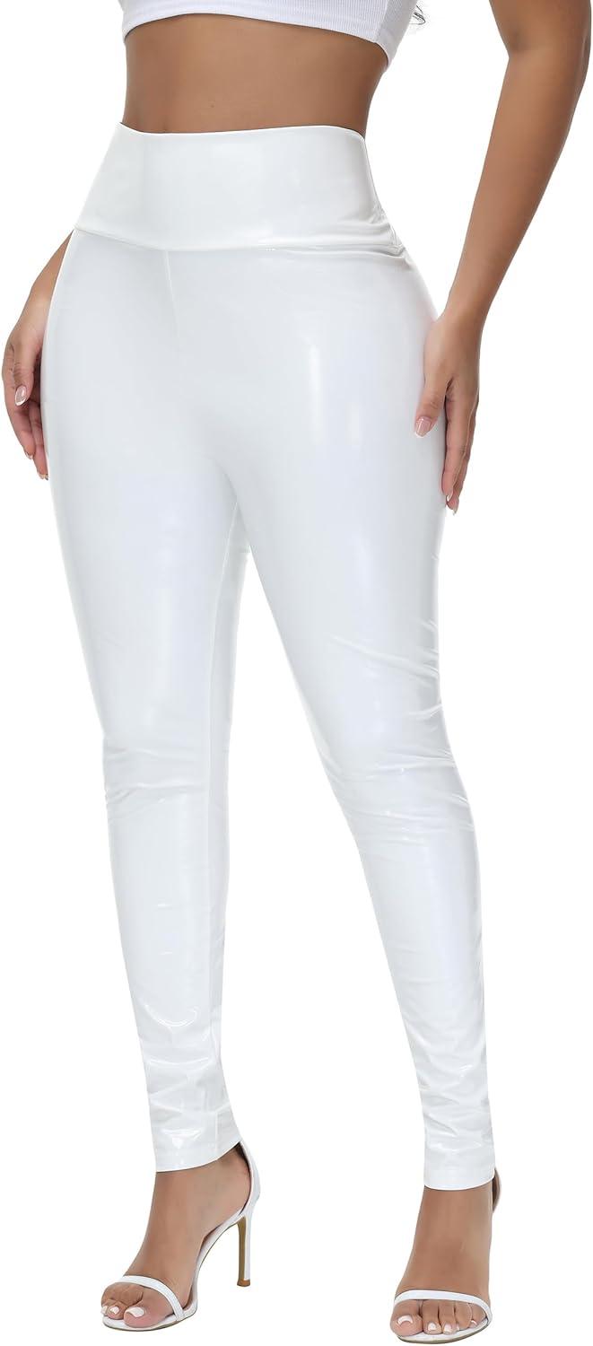 imageWomen Mirror Faux Patent Leather Leggings Wet Look Reflective Shiny Stretch Tighten Pants High Waist SlimWhite