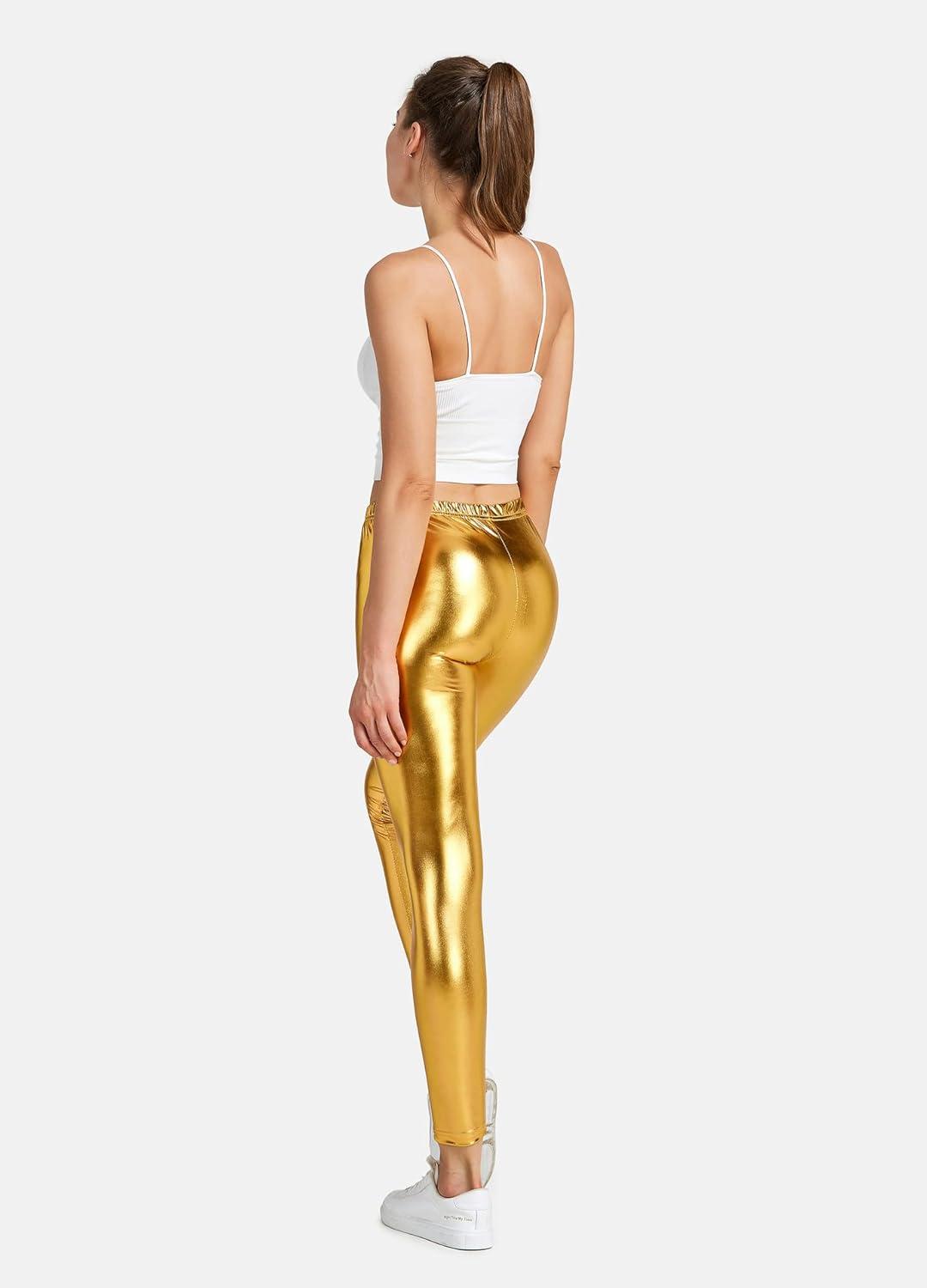 imageWomen Shiny Metallic Sports Leggings Bright Pencil Pant Fitness Fashion Jeggings Candy Color TrousersGold