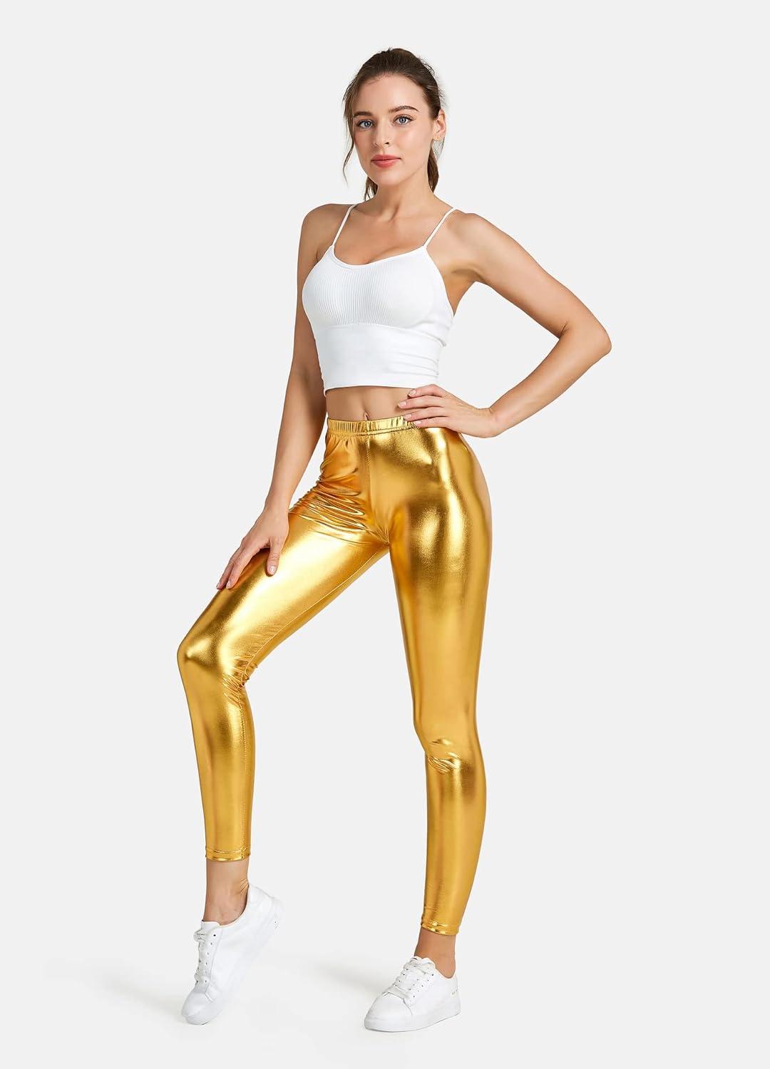 imageWomen Shiny Metallic Sports Leggings Bright Pencil Pant Fitness Fashion Jeggings Candy Color TrousersGold