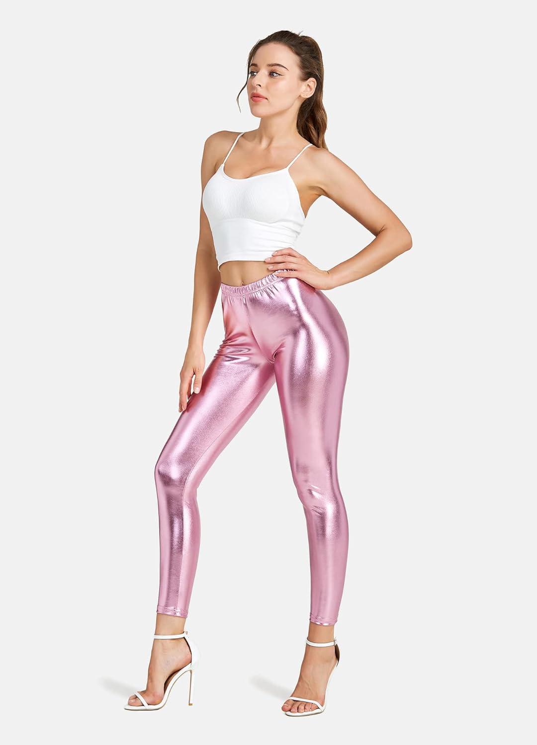 imageWomen Shiny Metallic Sports Leggings Bright Pencil Pant Fitness Fashion Jeggings Candy Color TrousersPink