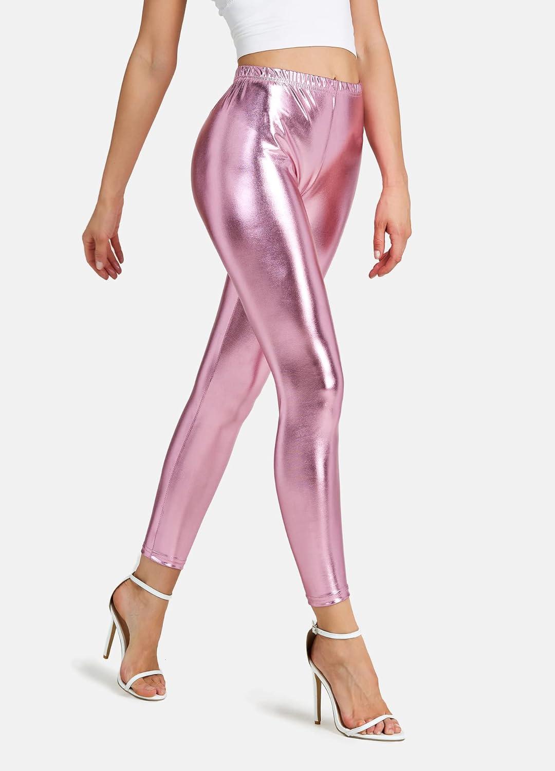 imageWomen Shiny Metallic Sports Leggings Bright Pencil Pant Fitness Fashion Jeggings Candy Color TrousersPink