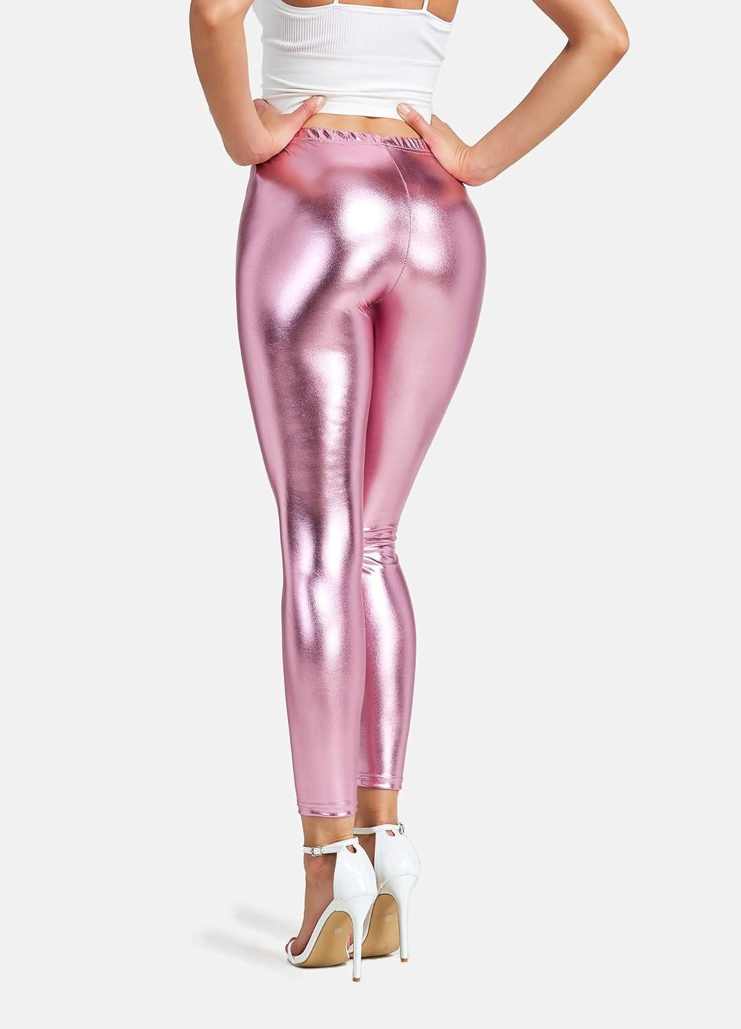 imageWomen Shiny Metallic Sports Leggings Bright Pencil Pant Fitness Fashion Jeggings Candy Color TrousersPink