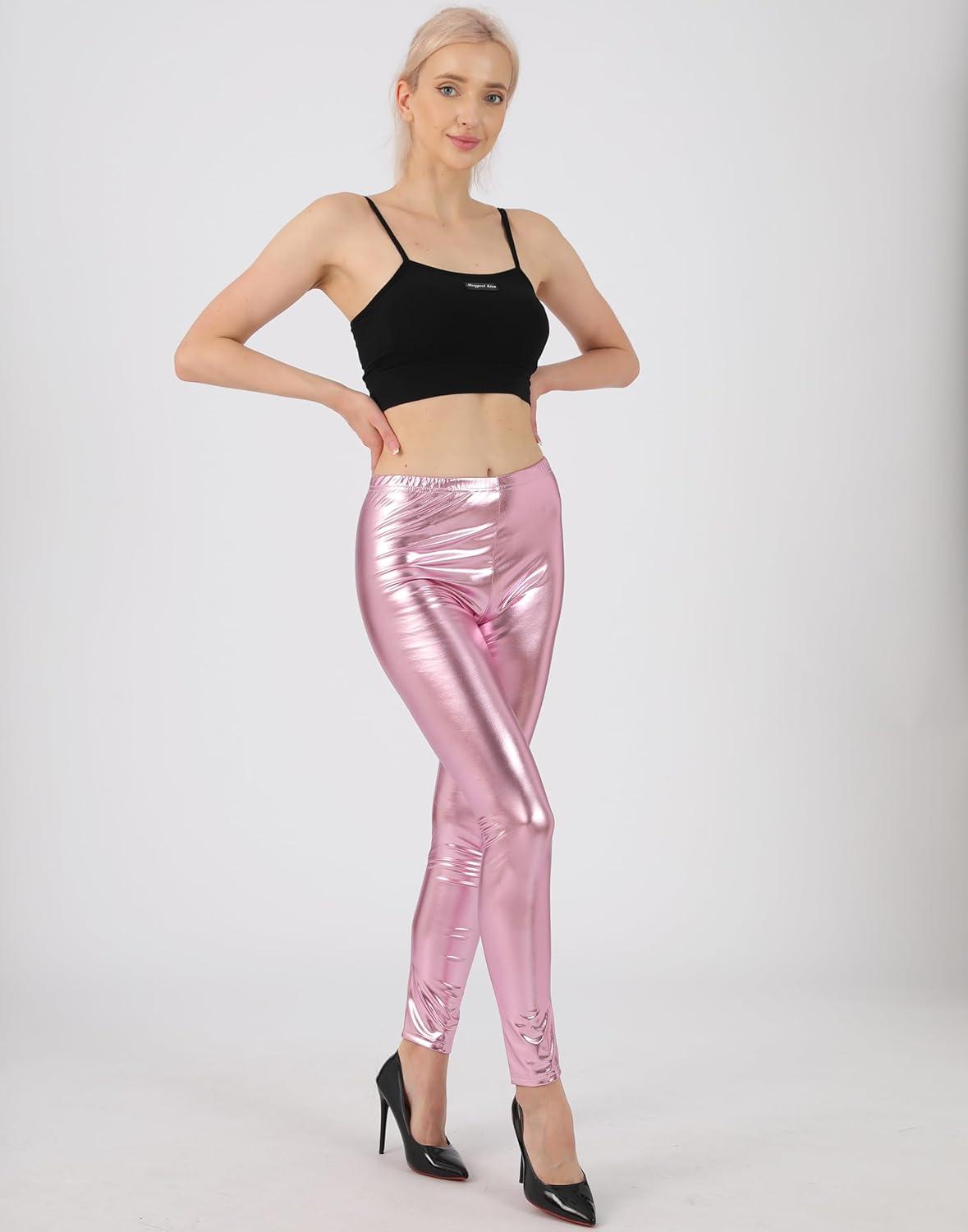 imageWomen Shiny Metallic Sports Leggings Bright Pencil Pant Fitness Fashion Jeggings Candy Color TrousersPink